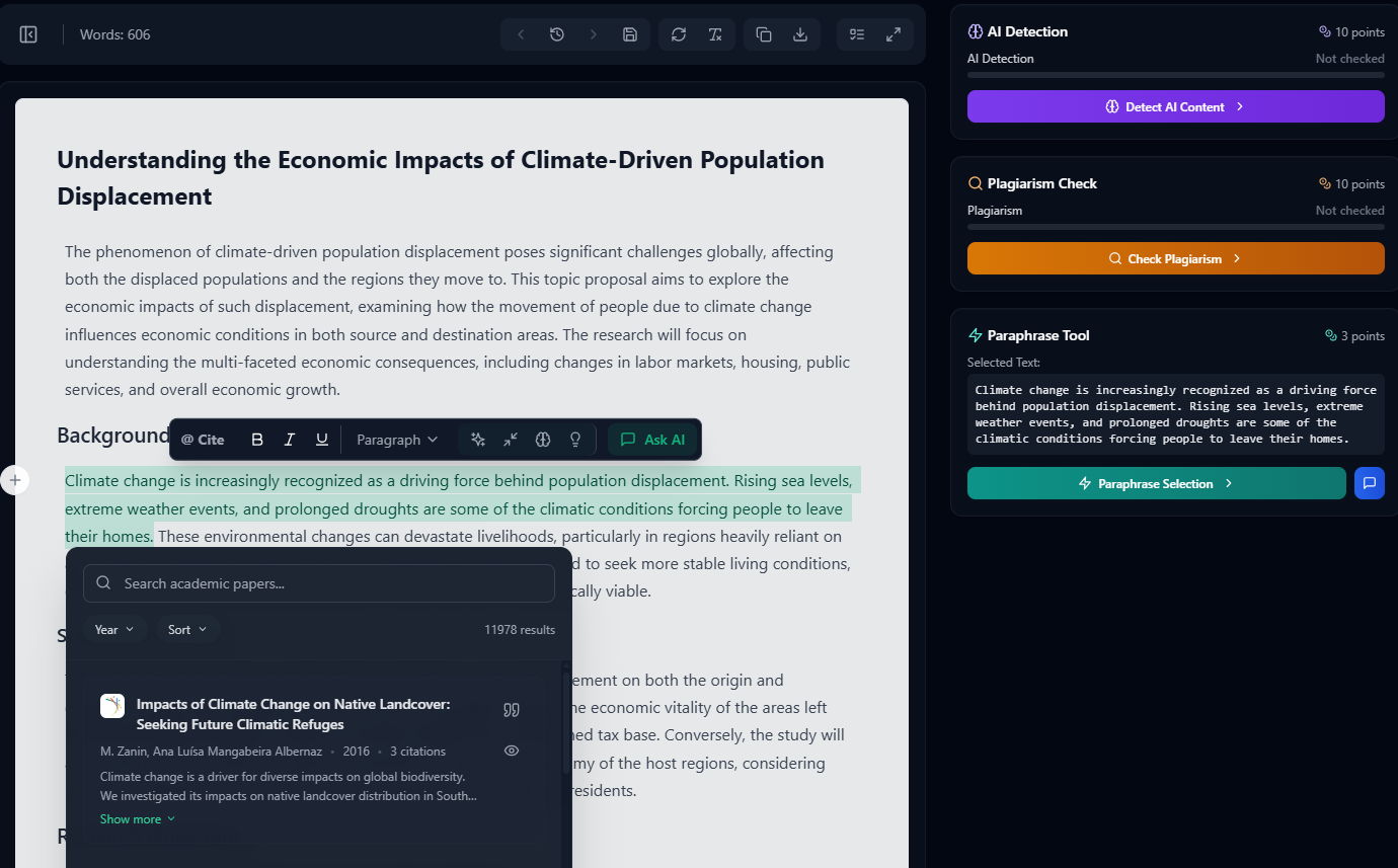 XY Editor Interface - Advanced academic writing tool with AI assistance