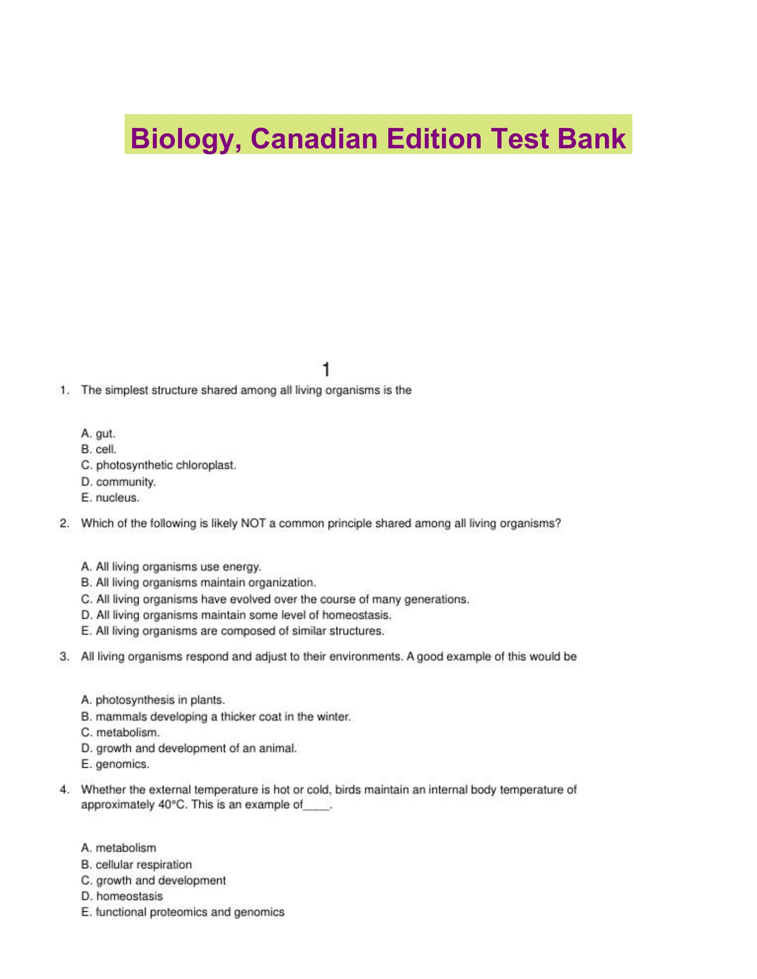 Biology, Canadian Edition Test Bank