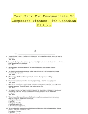Test Bank For Fundamentals Of Corporate Finance, 8th Canadian Edition