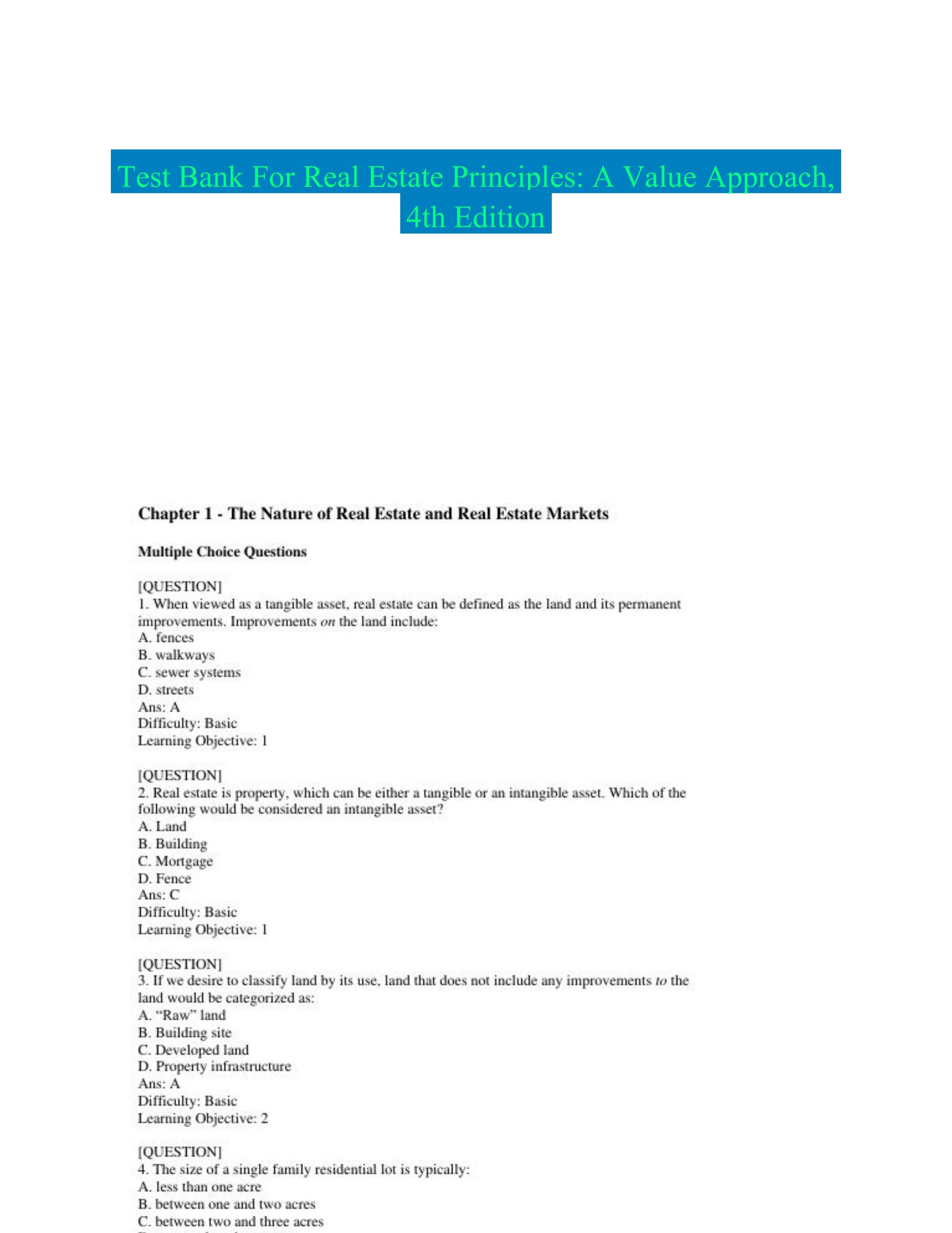 Test Bank For Real Estate Principles: A Value Approach, 4th Edition