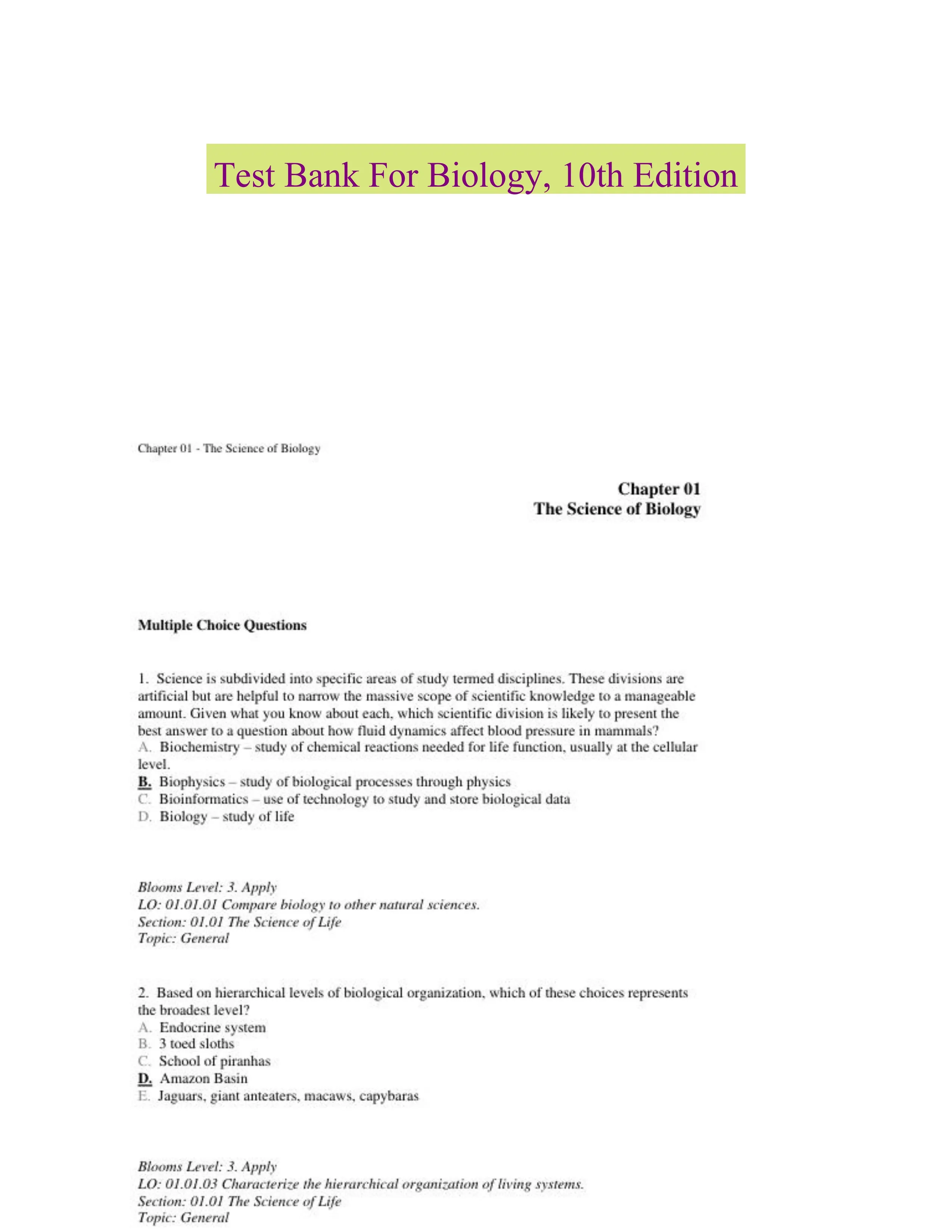 Test Bank For Biology, 10th Edition�