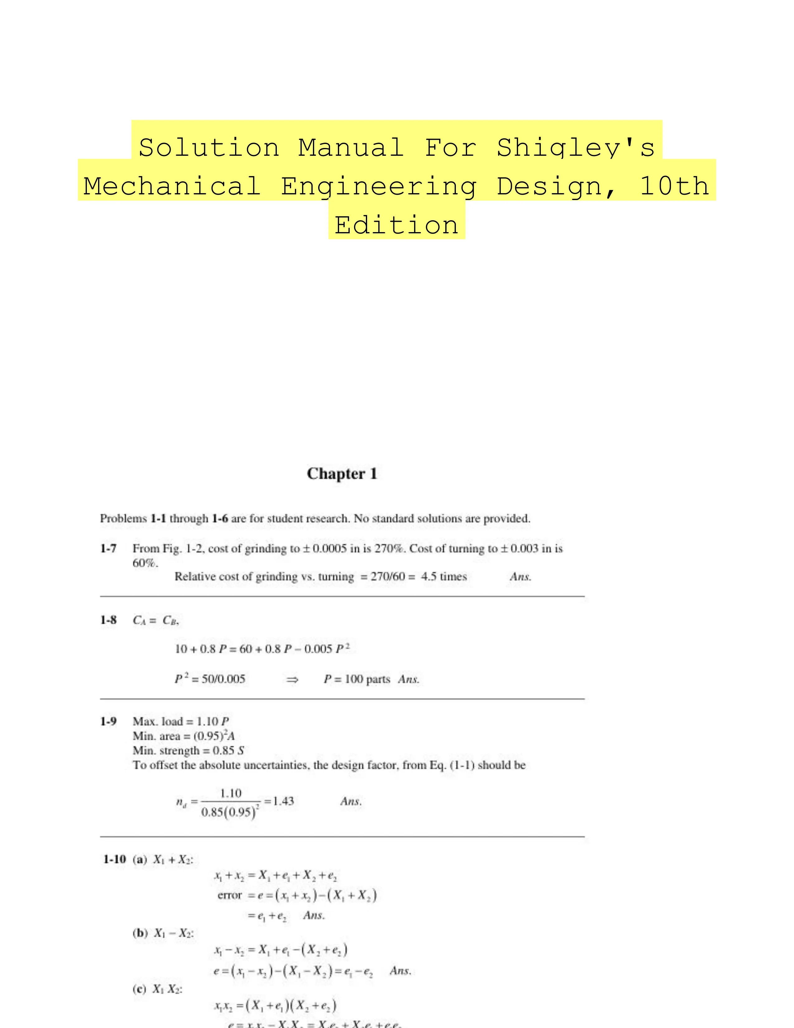 Solution Manual For Shigley's Mechanical Engineering Design, 10th Edition