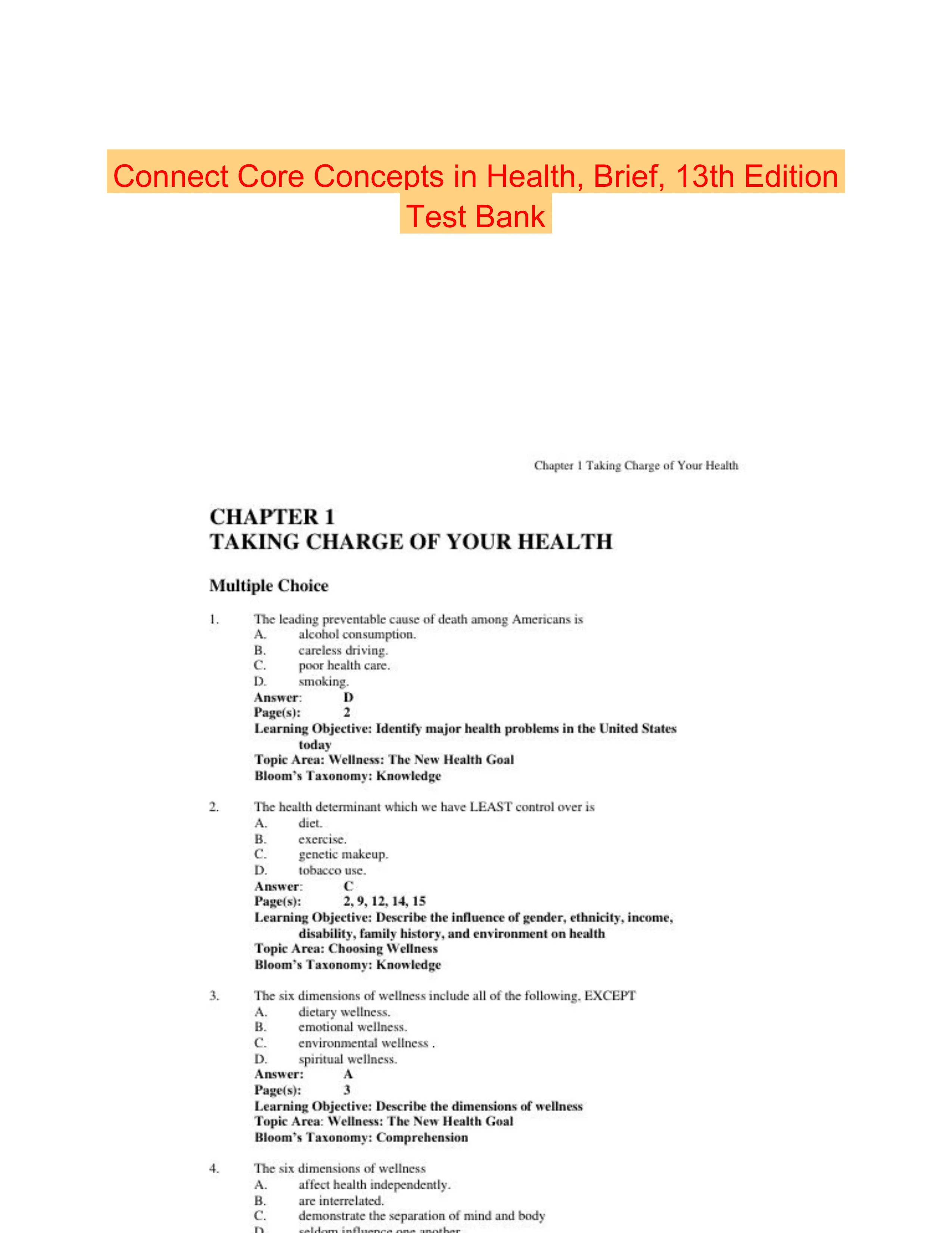 Connect Core Concepts in Health, Brief, 13th Edition Test Bank