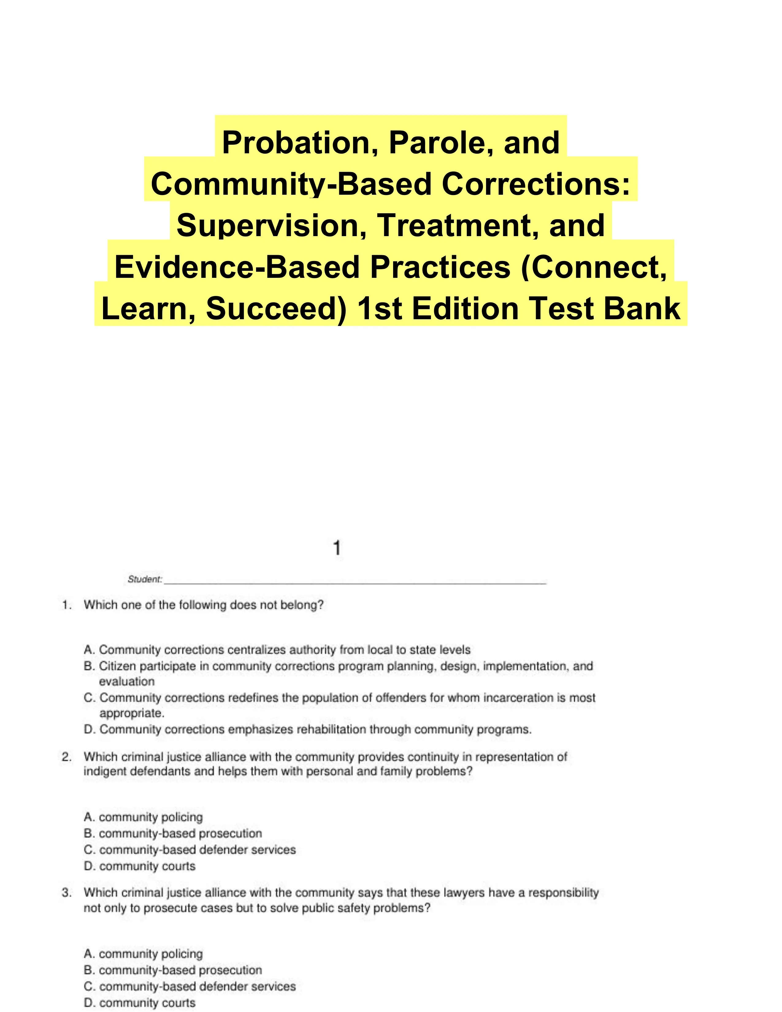 Probation, Parole, and Community-Based Corrections: Supervision, Treatment, and Evidence-Based Practices (Connect, Learn, Succeed) 1st Edition Test Bank