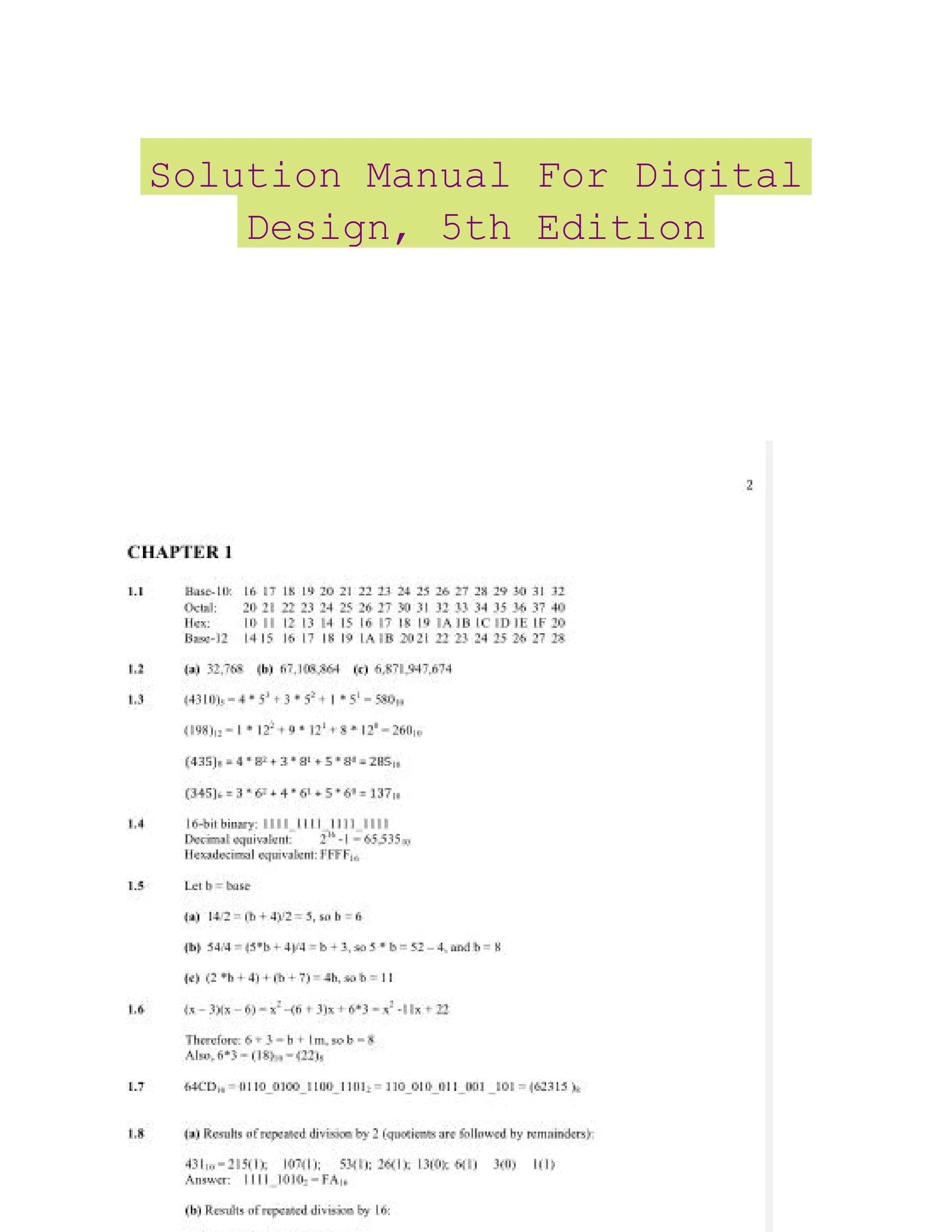 Solution Manual For Digital Design, 5th Edition