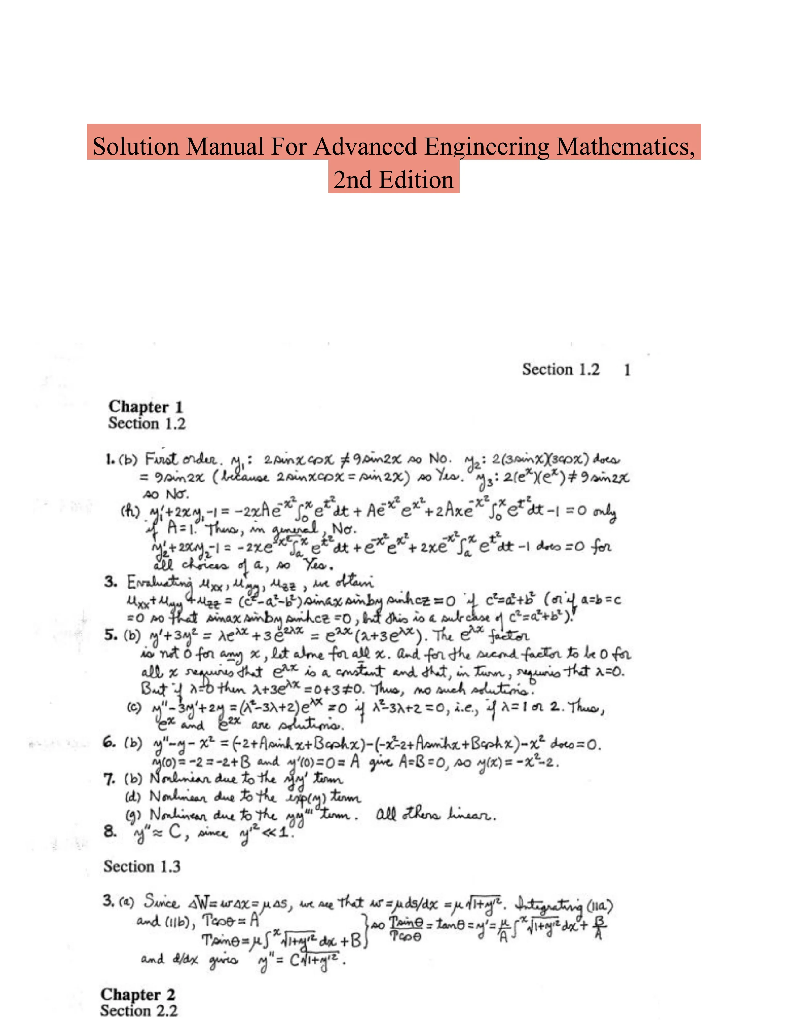 Solution Manual For Advanced Engineering Mathematics, 2nd Edition