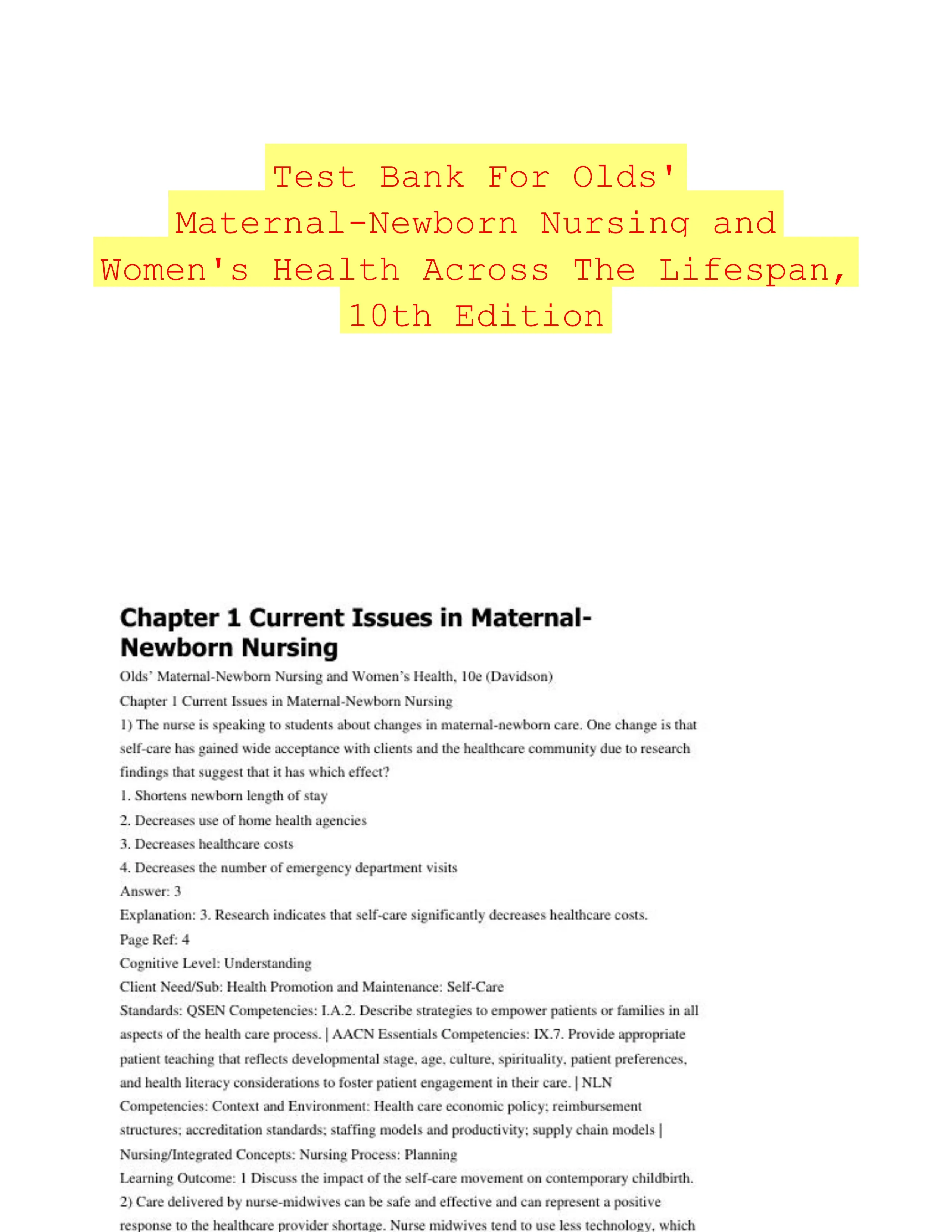 Test Bank For Olds' Maternal-Newborn Nursing and Women's Health Across The Lifespan, 10th Edition