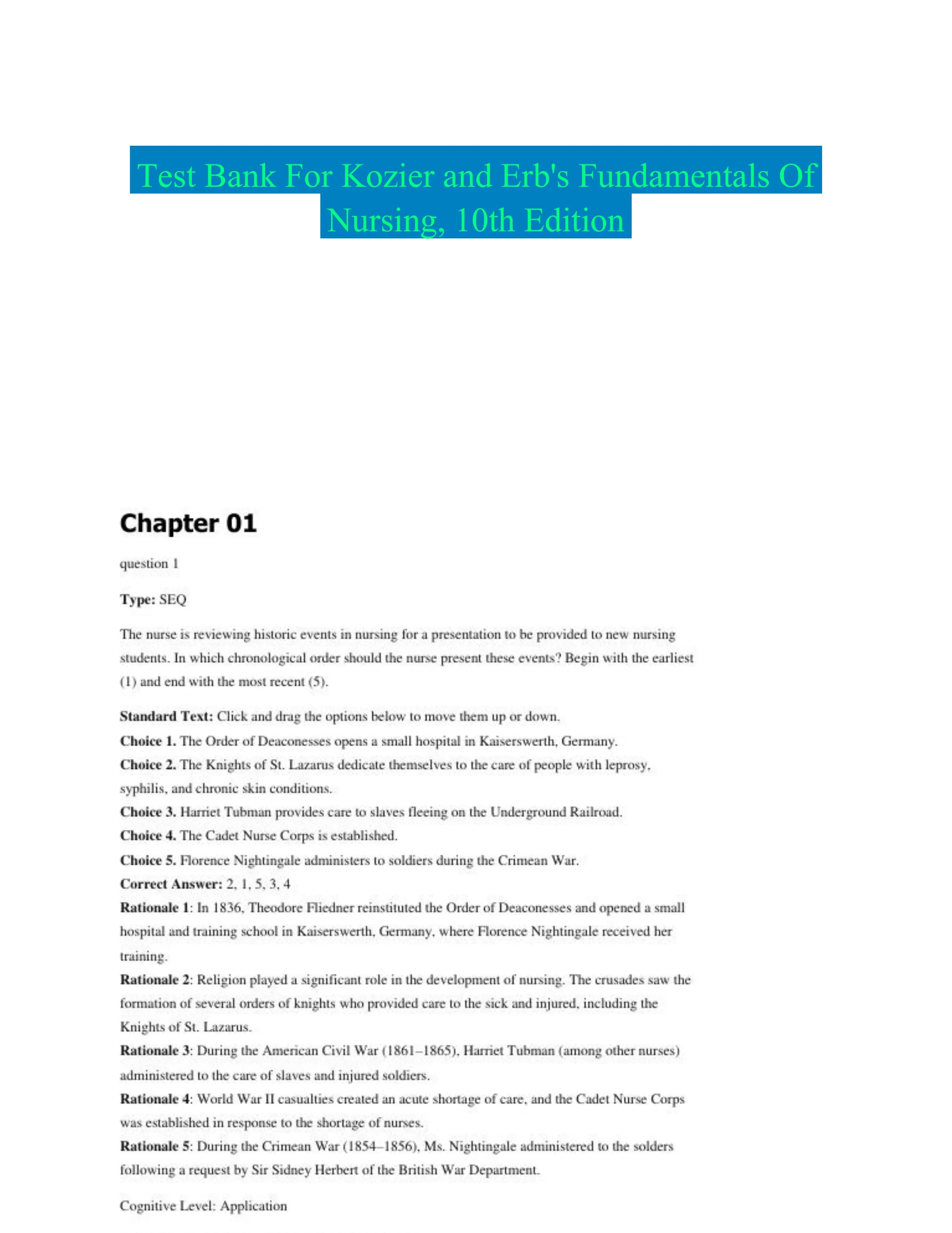 Test Bank For Kozier and Erb's Fundamentals Of Nursing, 10th Edition