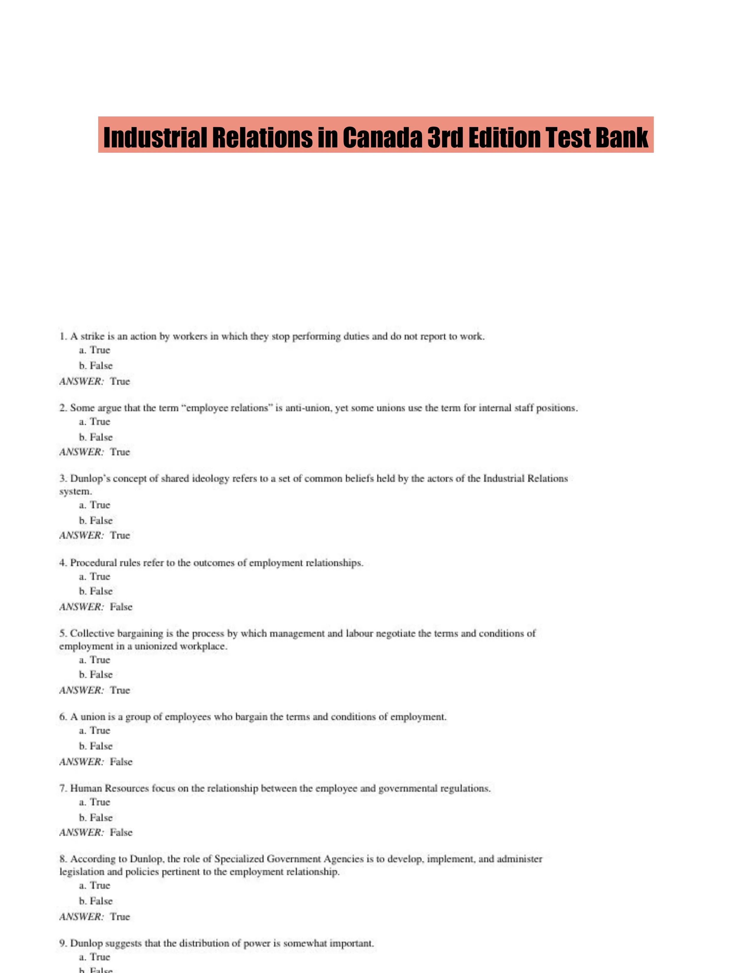 Industrial Relations in Canada 3rd Edition Test Bank
