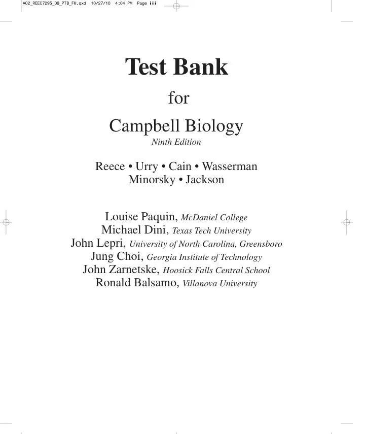 Test Bank For Campbell Biology Plus Masteringbiology, 9th Edition