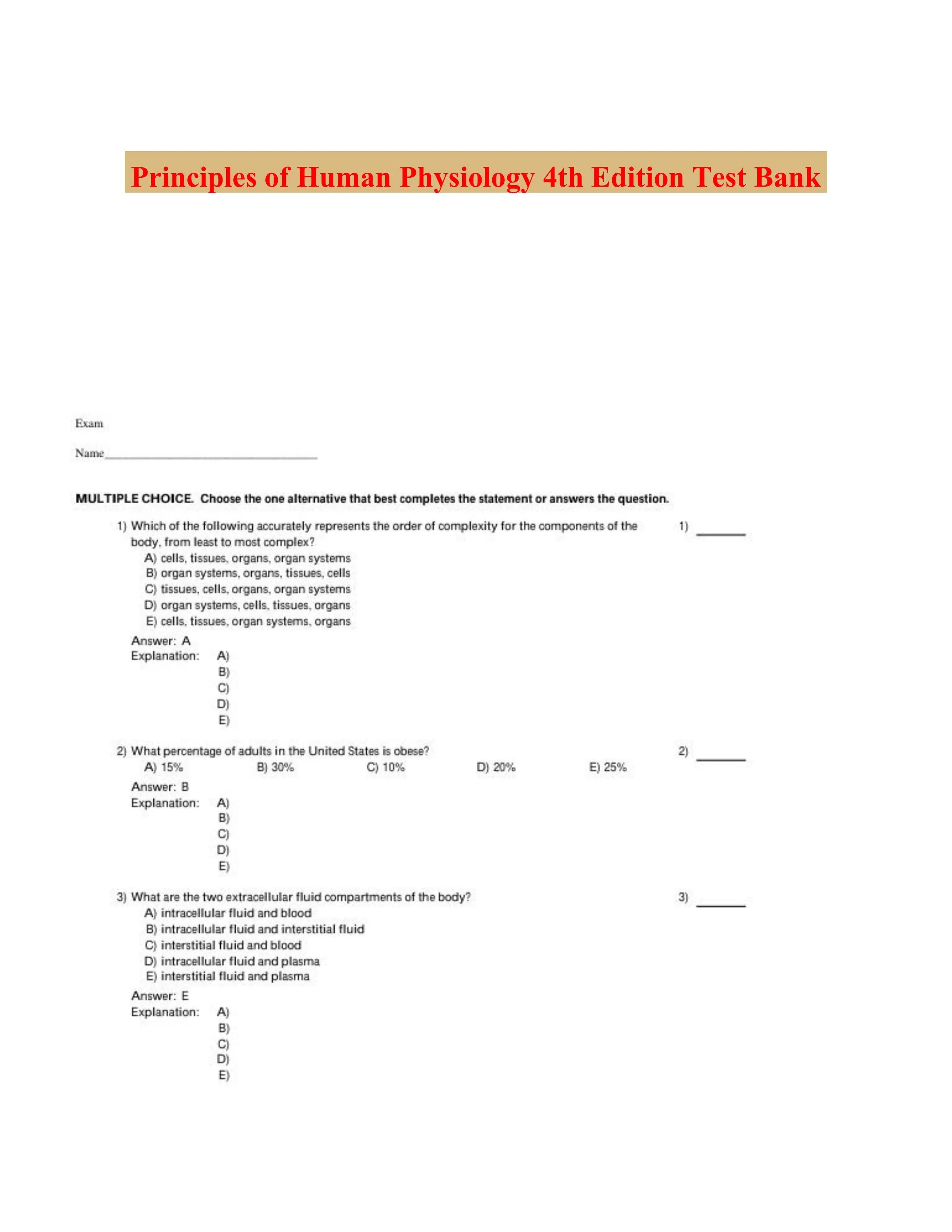 Principles of Human Physiology 4th Edition Test Bank