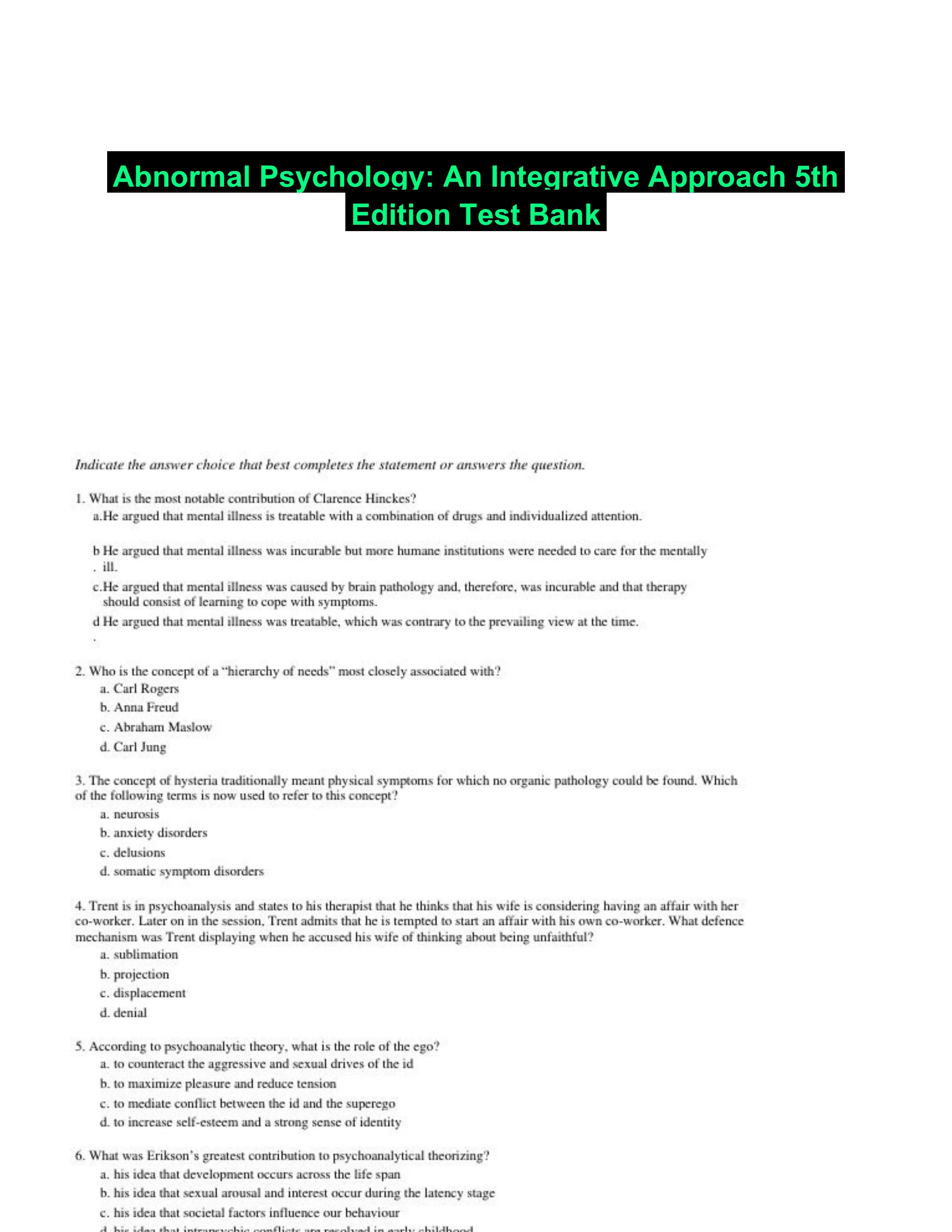 Abnormal Psychology: An Integrative Approach 5th Edition Test Bank