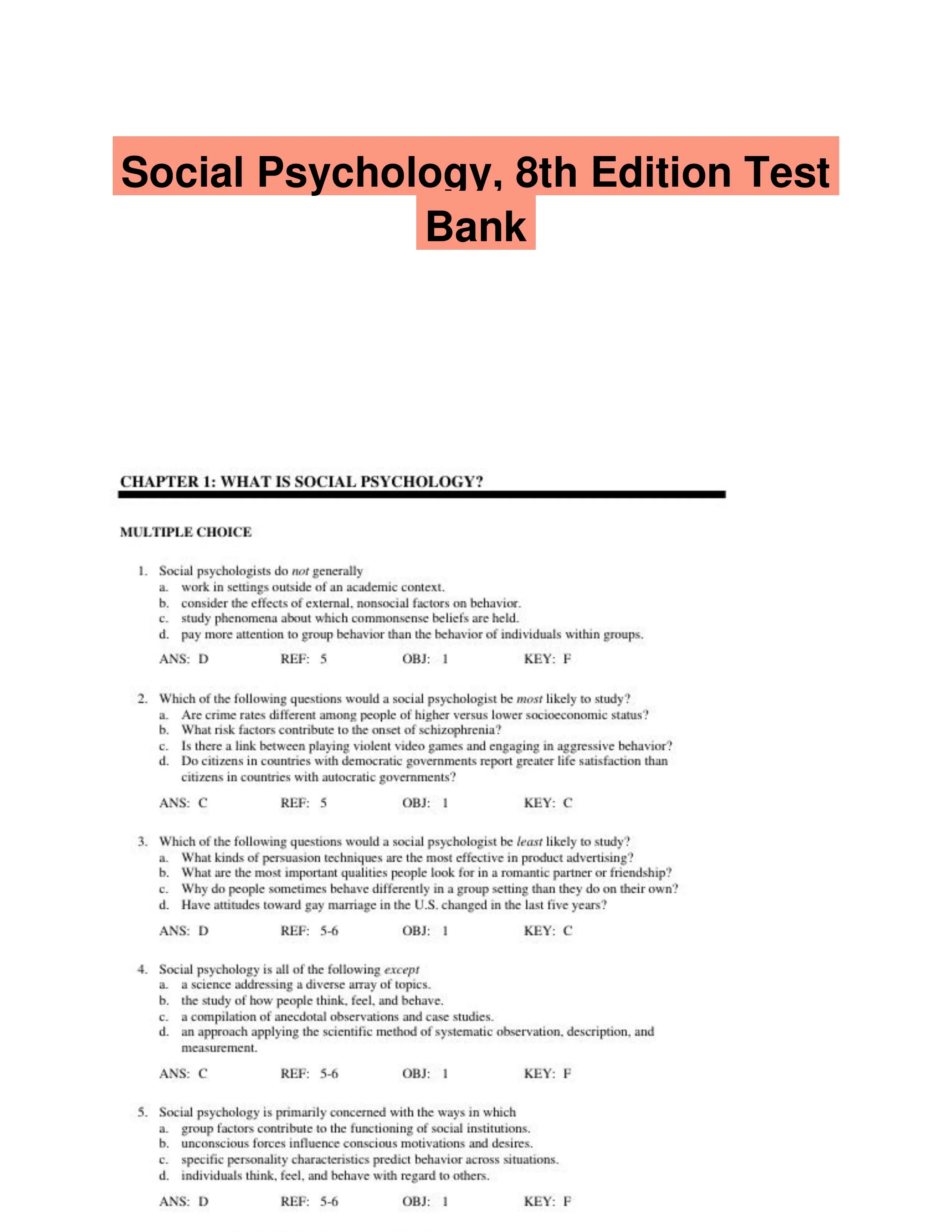 Social Psychology, 8th Edition Test Bank