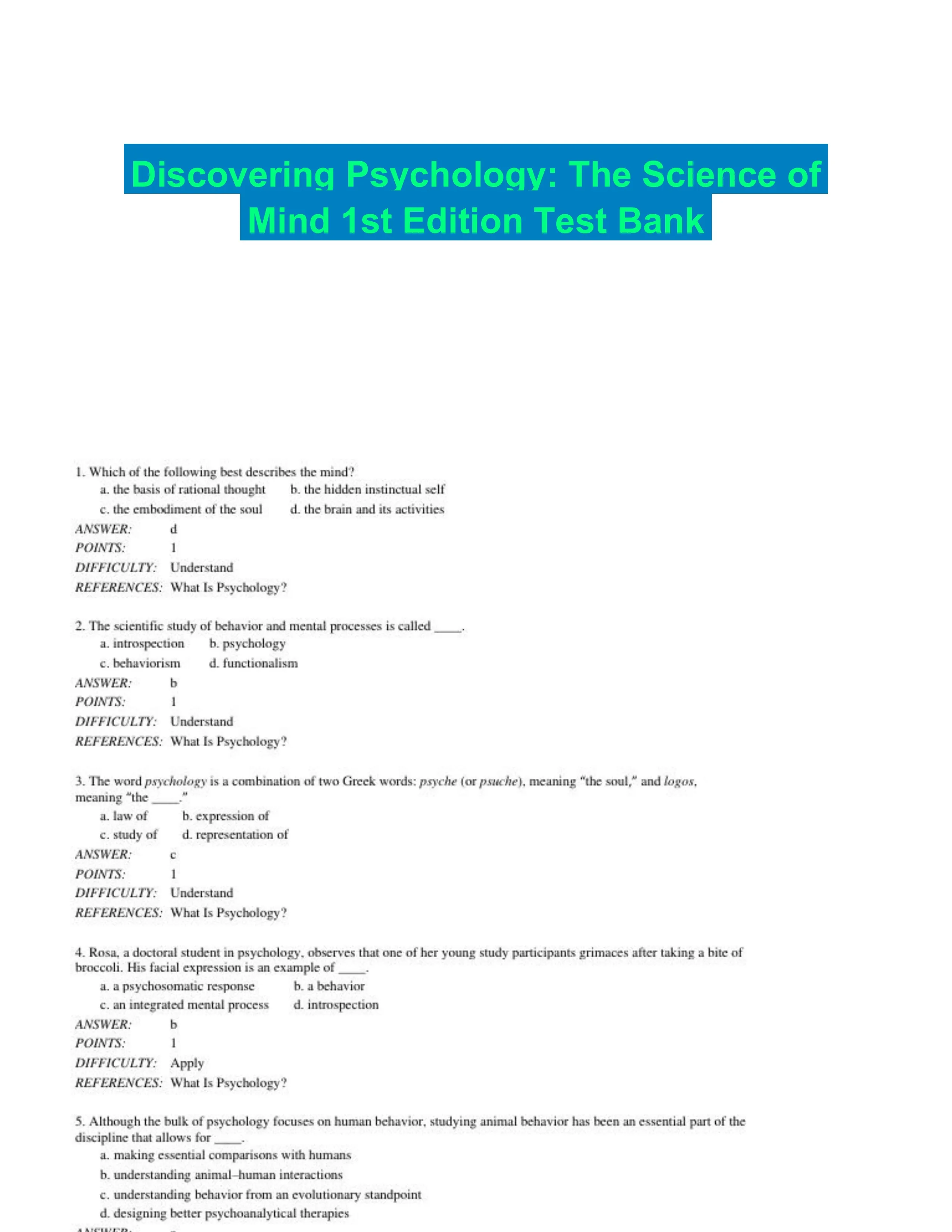 Discovering Psychology: The Science of Mind 1st Edition Test Bank