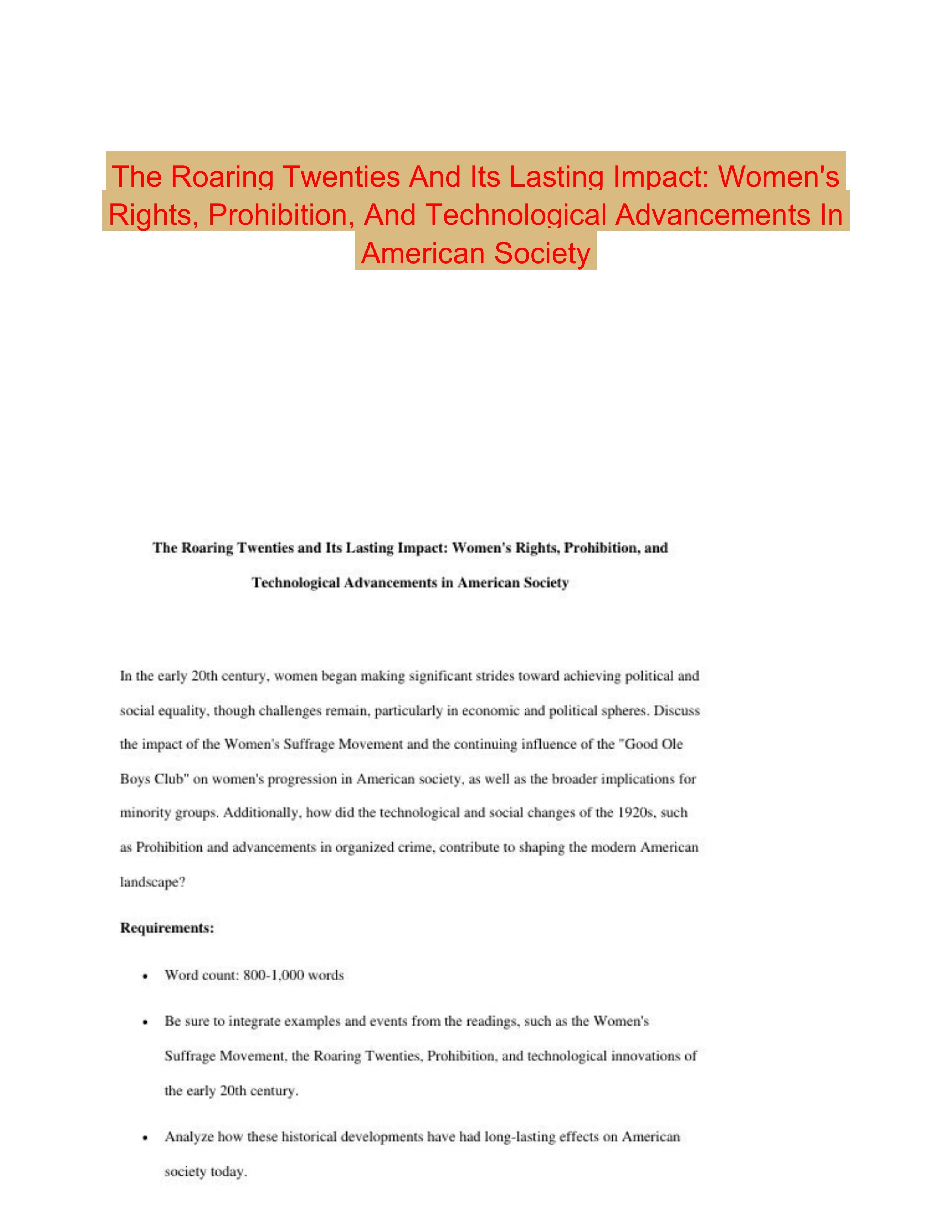 The Roaring Twenties And Its Lasting Impact: Women's Rights, Prohibition, And Technological Advancements In American Society