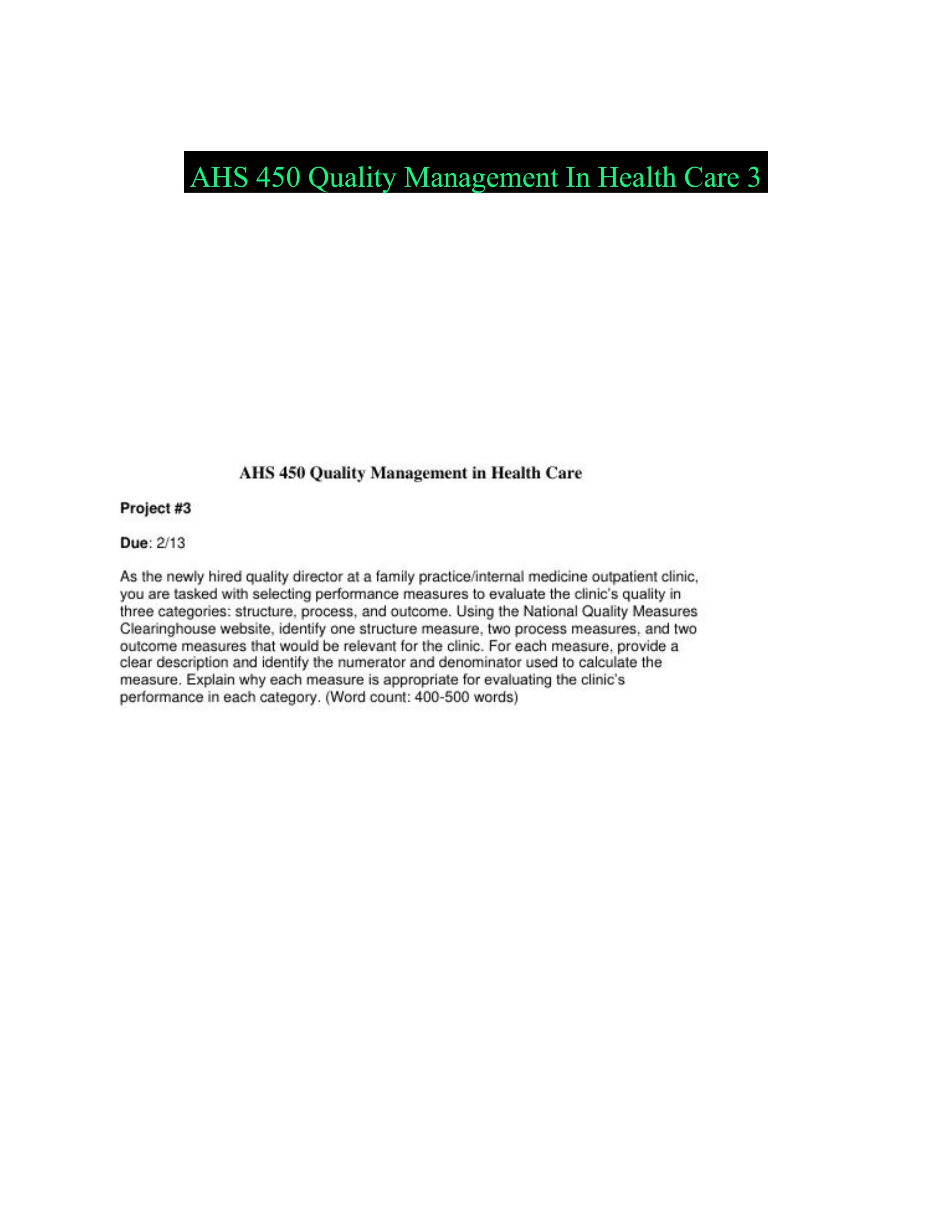 AHS 450 Quality Management In Health Care 3