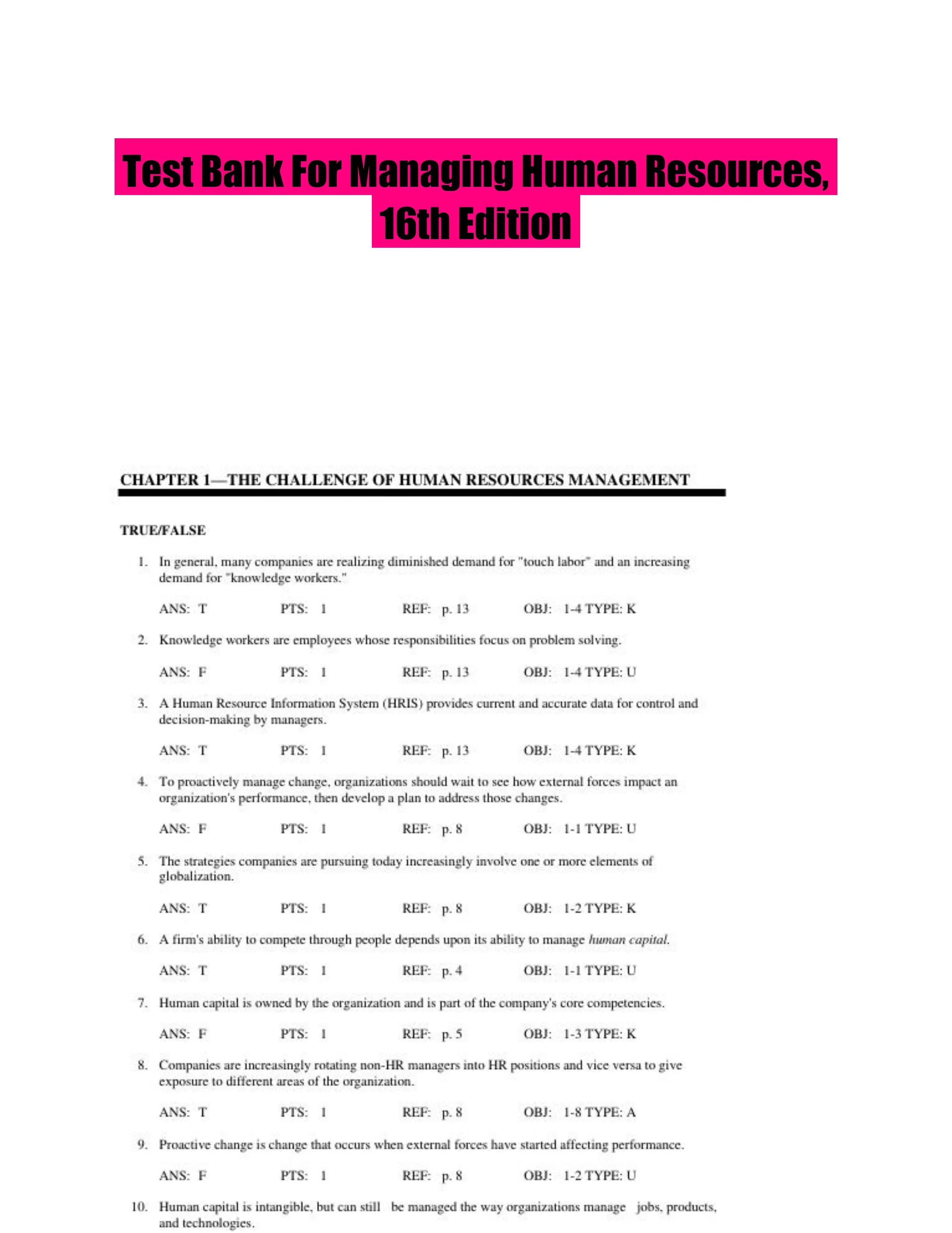 Test Bank For Managing Human Resources, 16th Edition