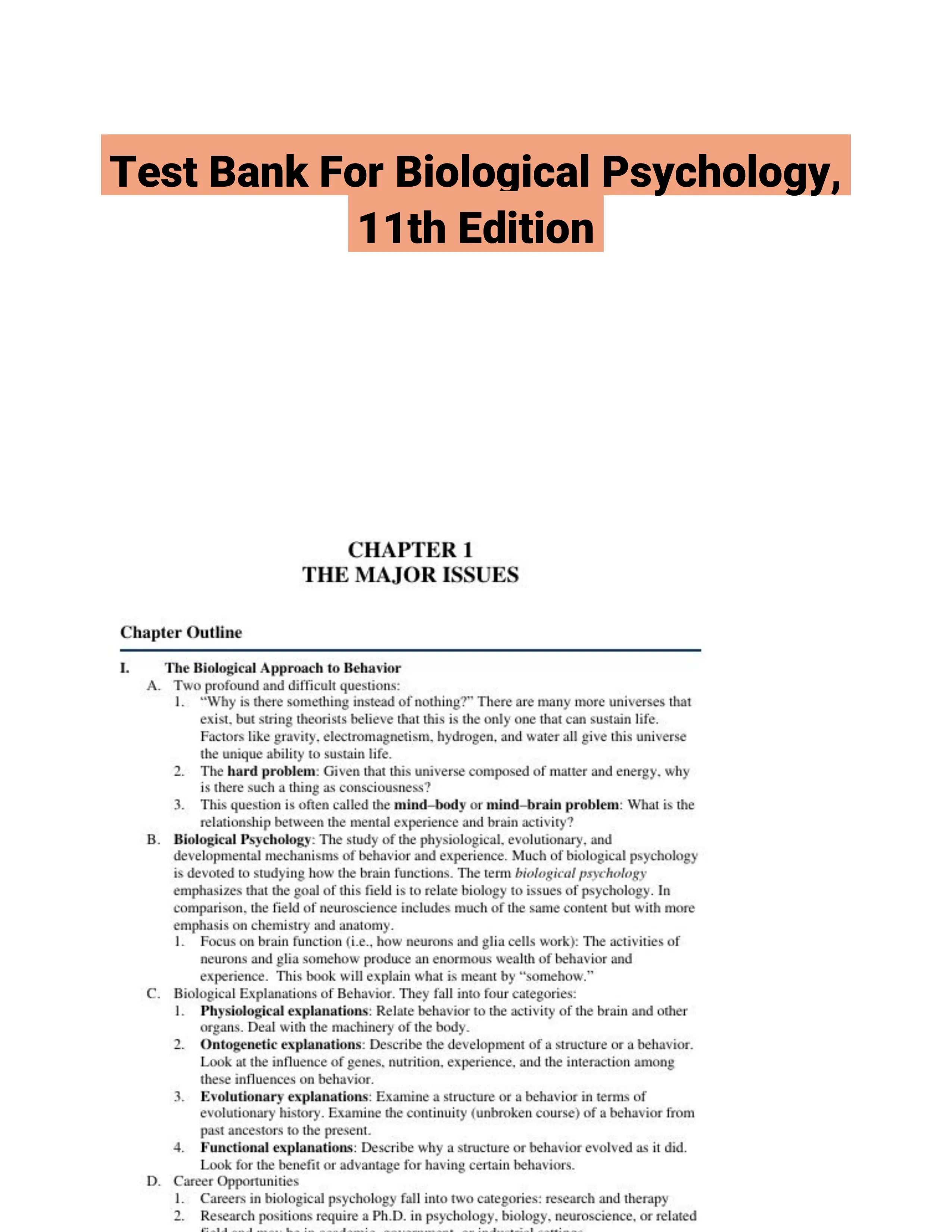 Test Bank For Biological Psychology, 11th Edition
