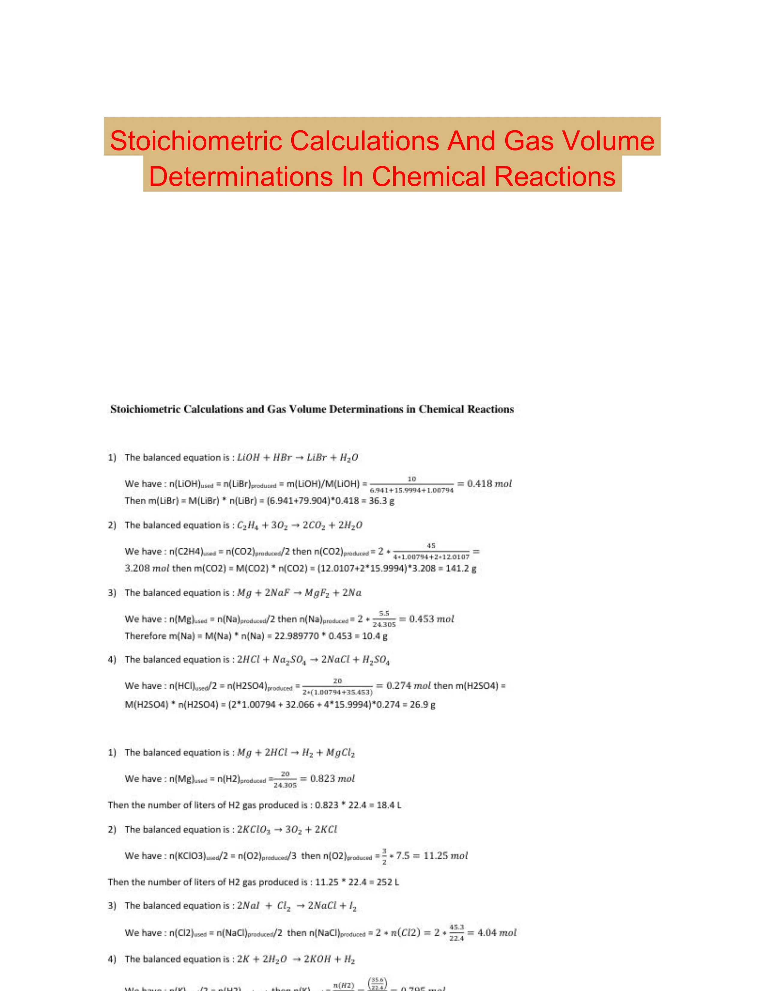 Stoichiometric Calculations And Gas Volume Determinations In Chemical Reactions
