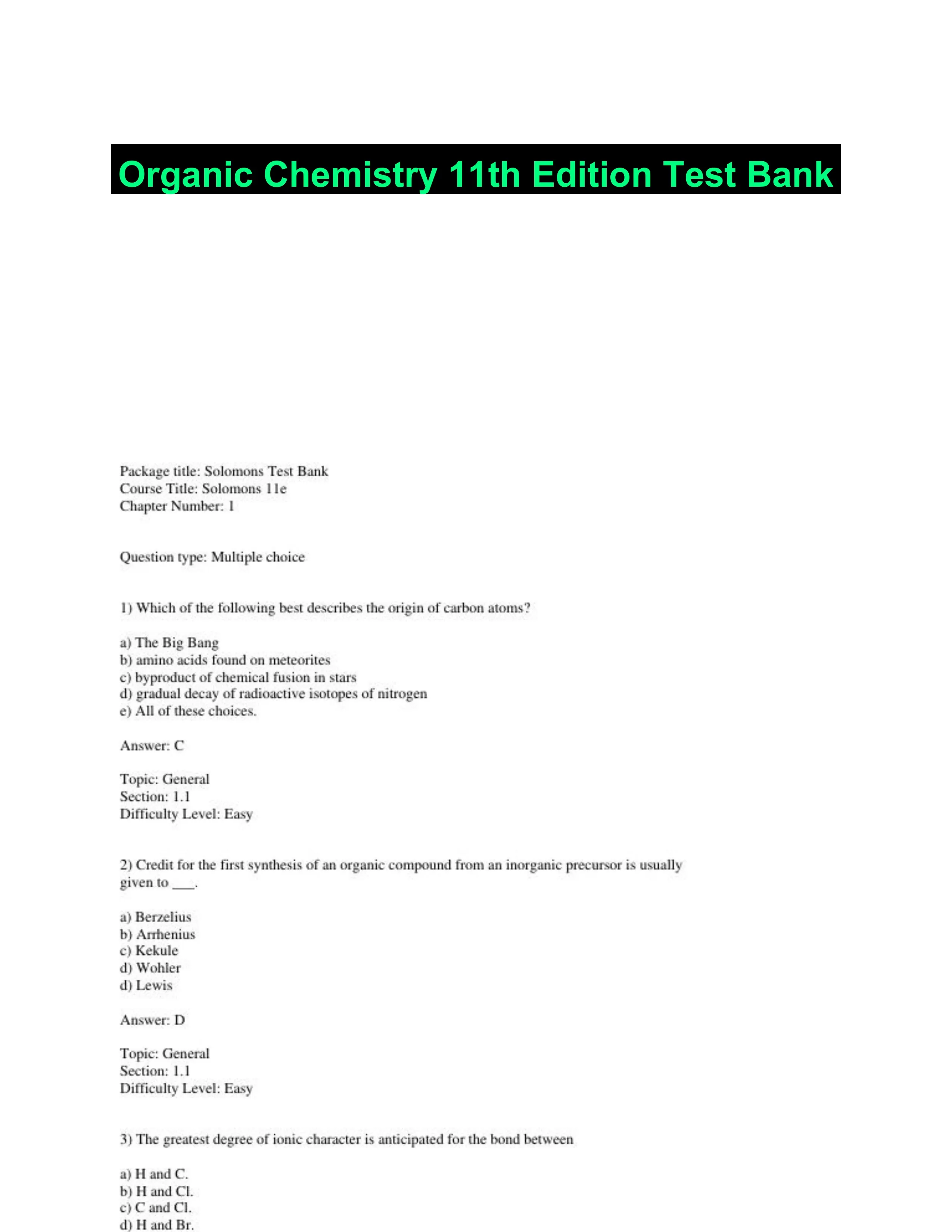 Organic Chemistry 11th Edition Test Bank