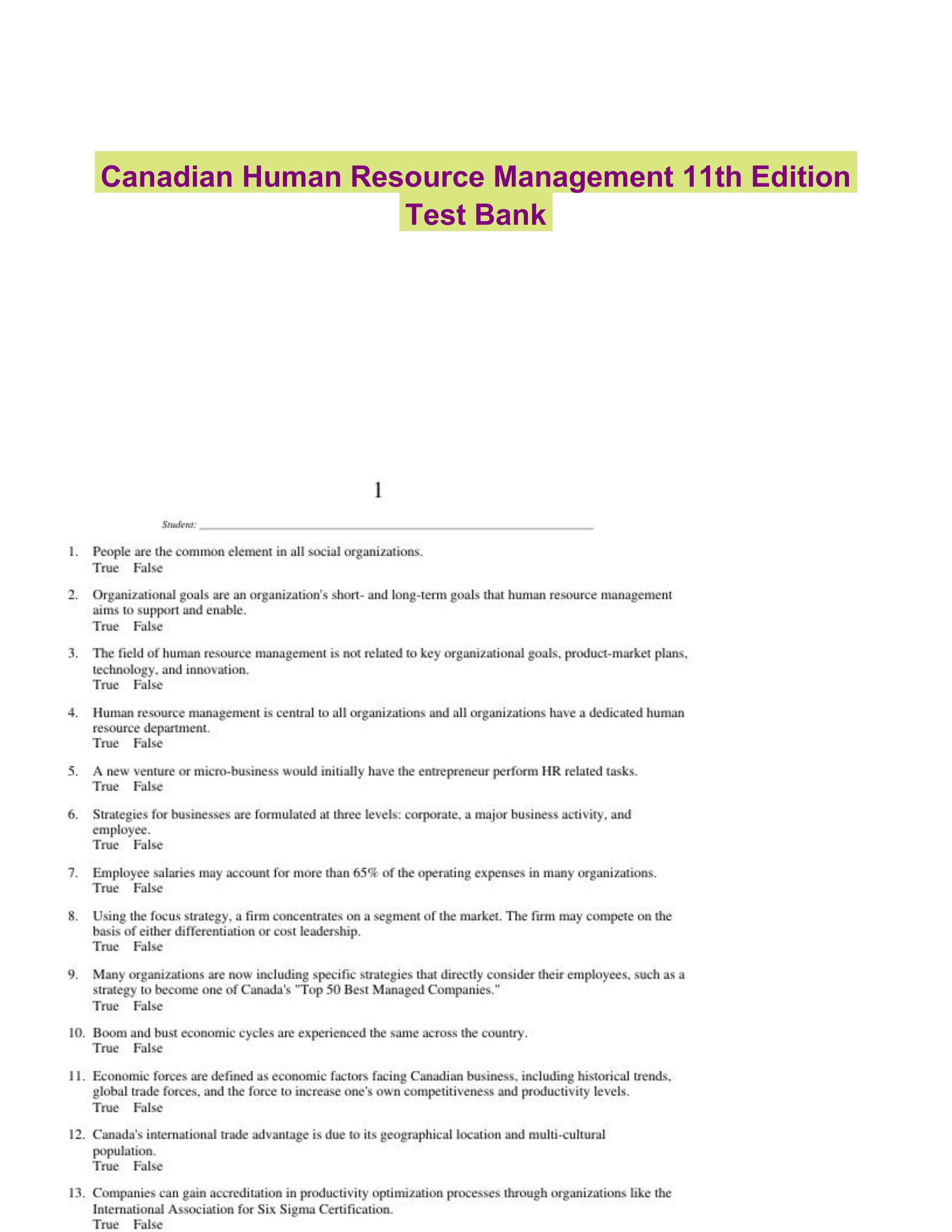 Canadian Human Resource Management 11th Edition Test Bank