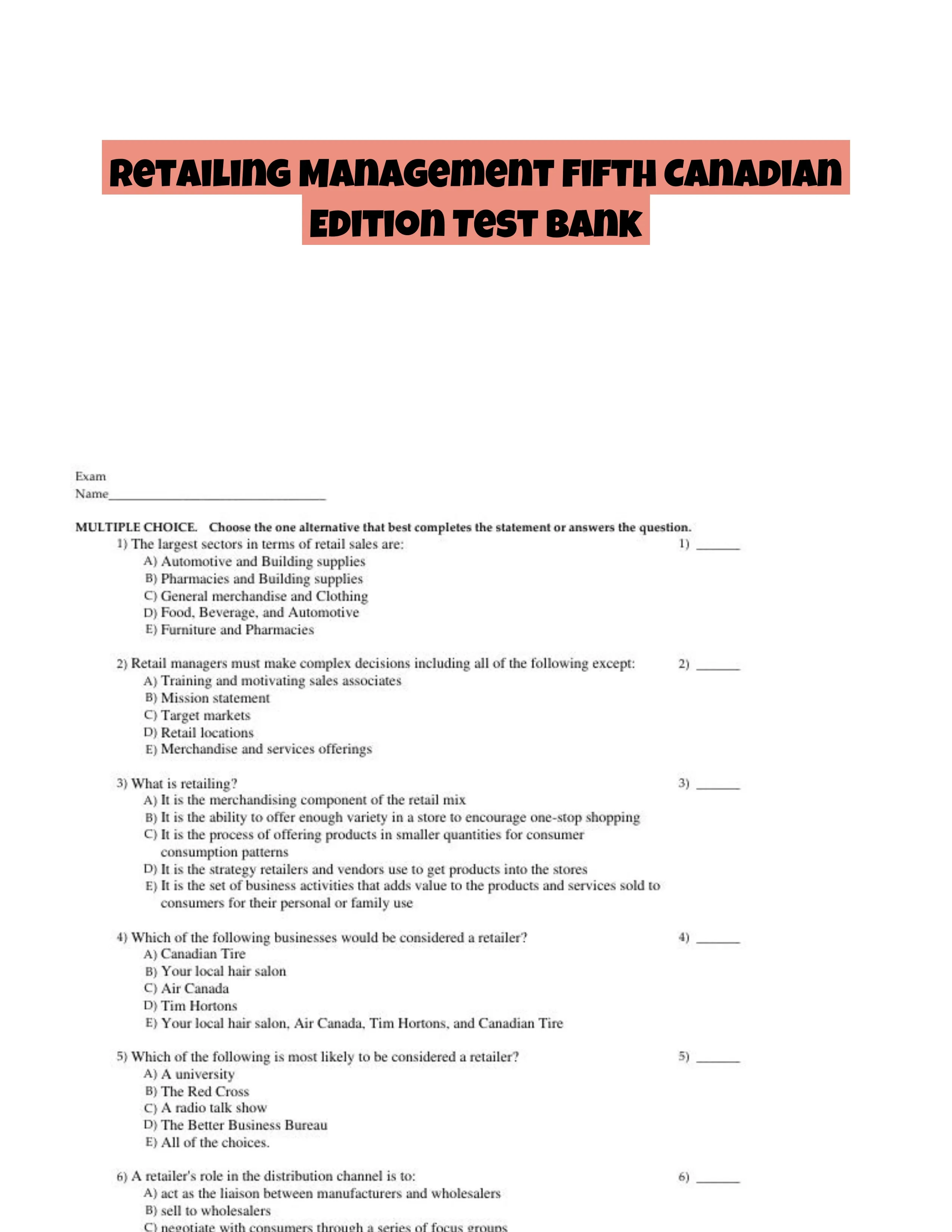 Retailing Management Fifth Canadian Edition Test Bank