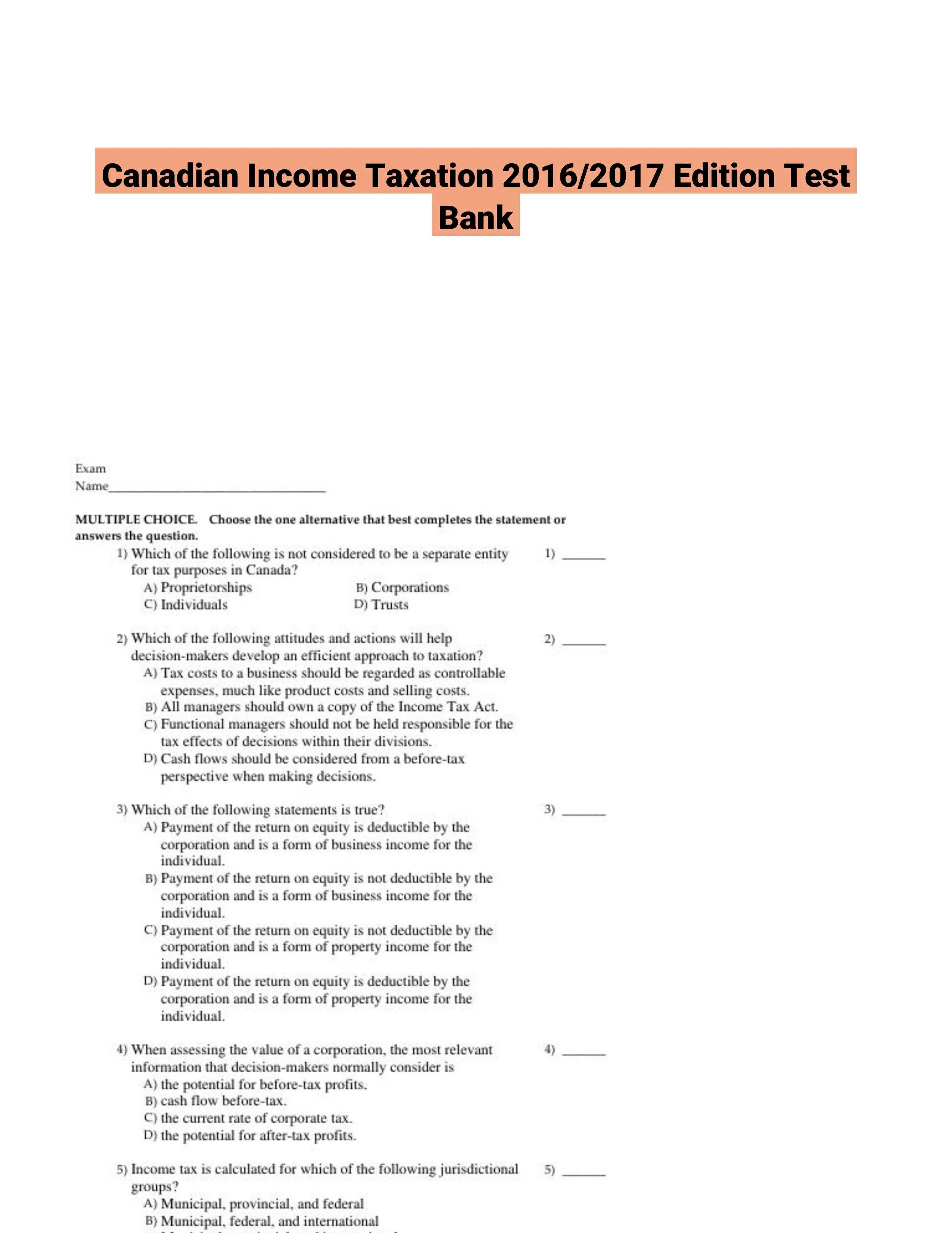 Canadian Income Taxation 2016/2017 Edition Test Bank