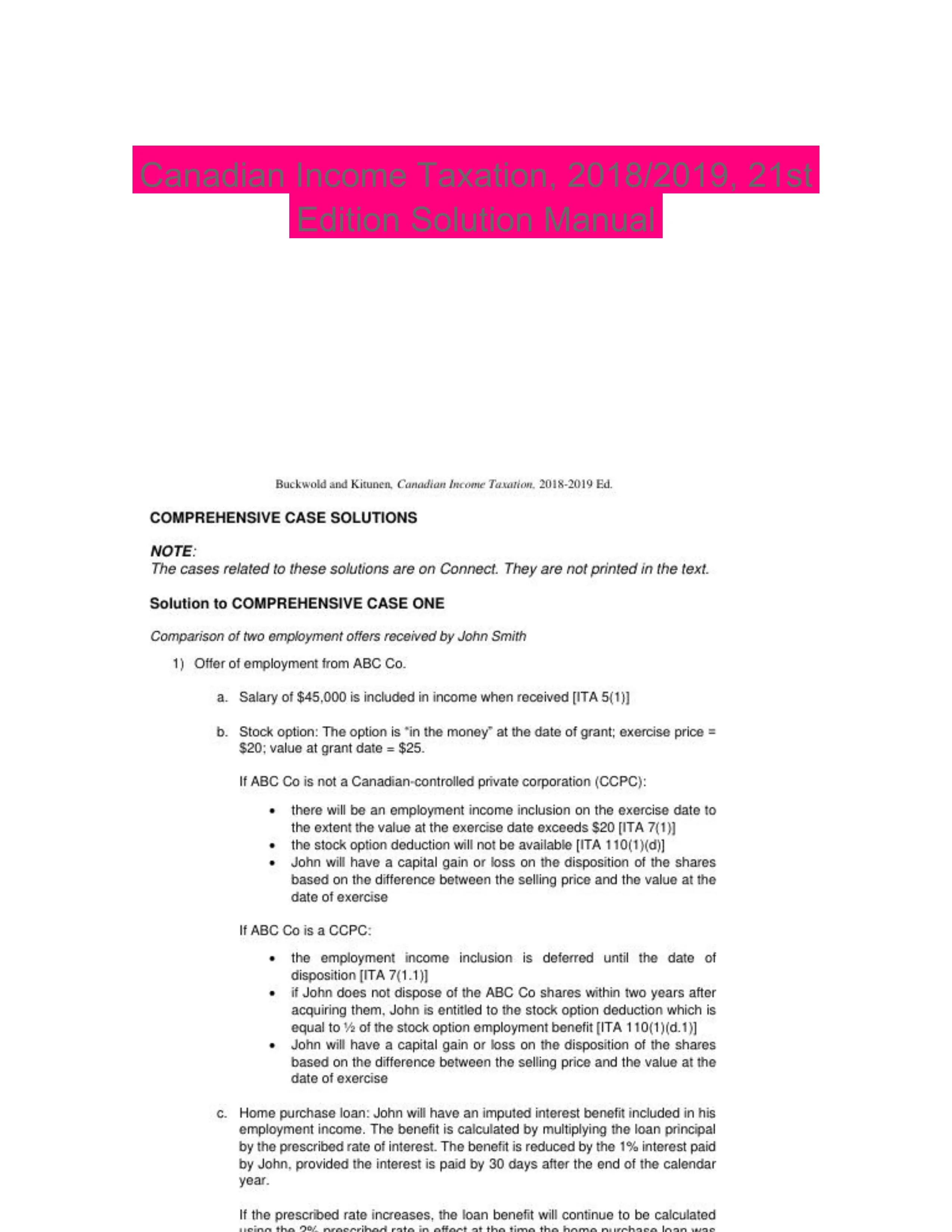 Canadian Income Taxation, 2018/2019, 21st Edition Solution Manual