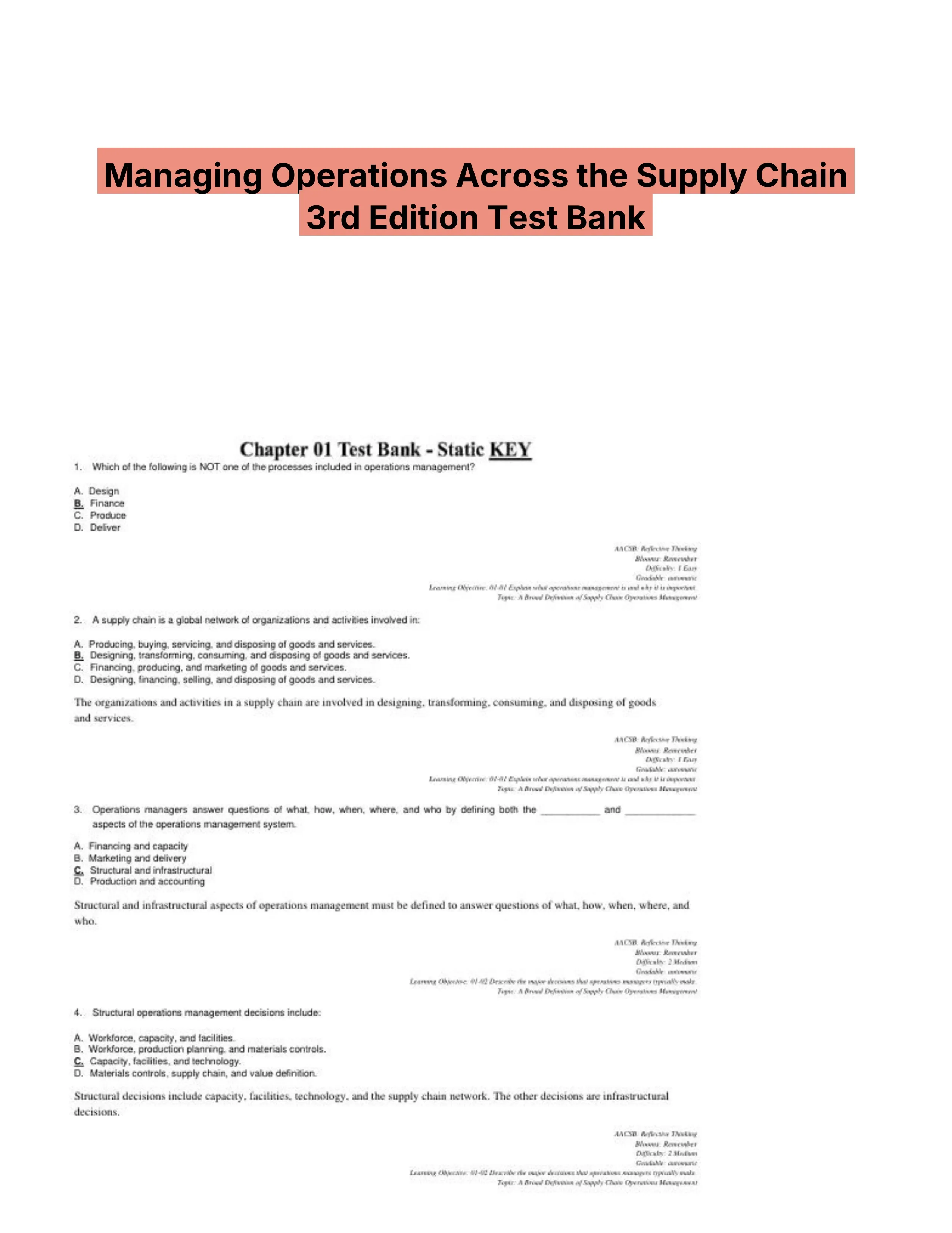 Managing Operations Across the Supply Chain 3rd Edition Test Bank