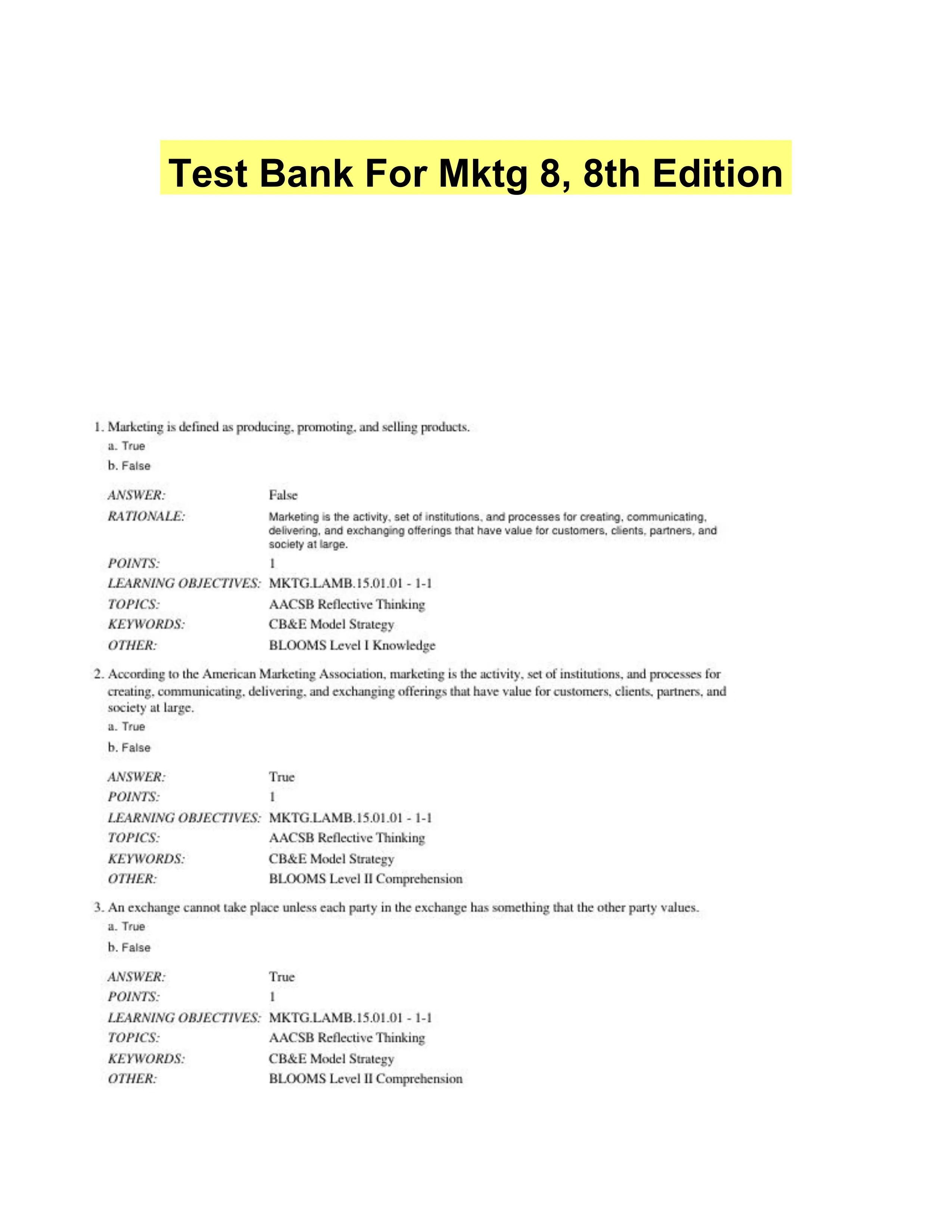 Test Bank For Mktg 8, 8th Edition