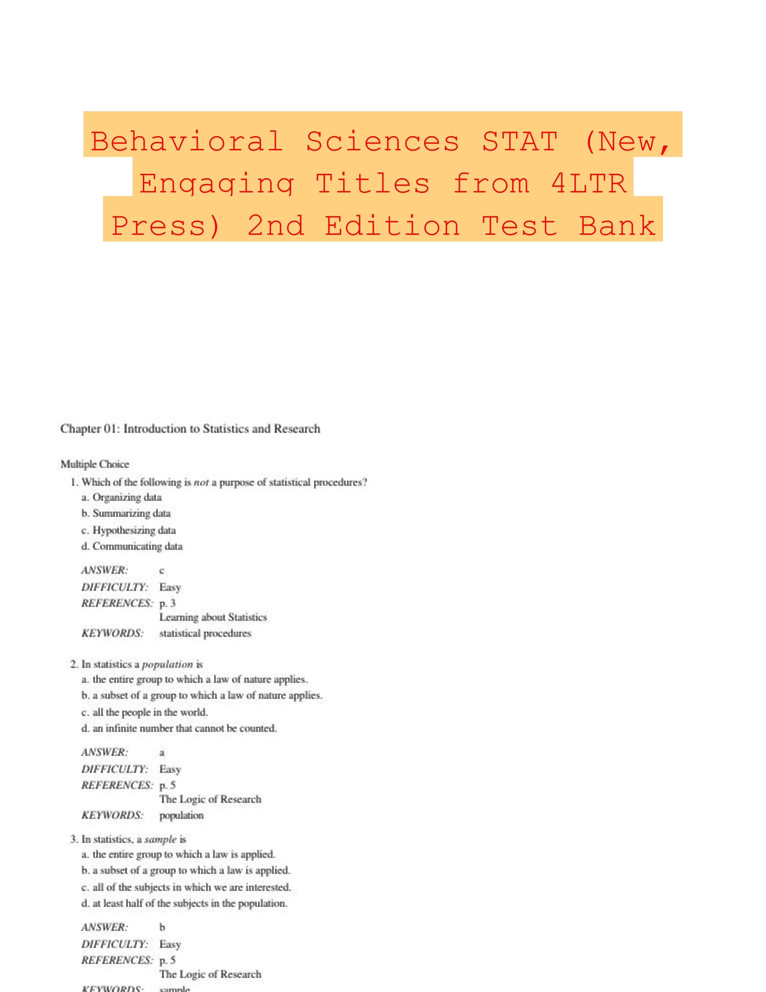 Behavioral Sciences STAT (New, Engaging Titles from 4LTR Press) 2nd Edition Test Bank
