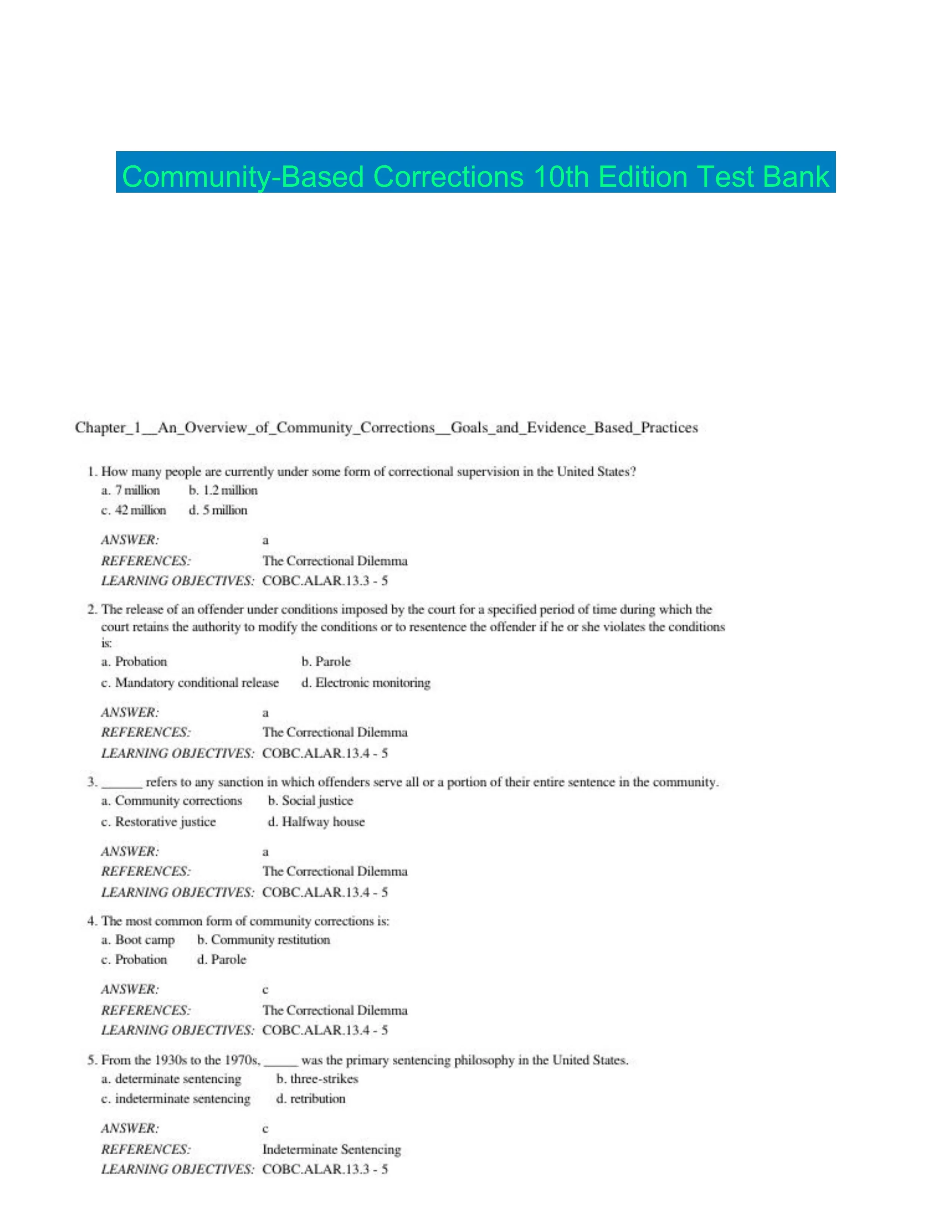 Community-Based Corrections 10th Edition Test Bank