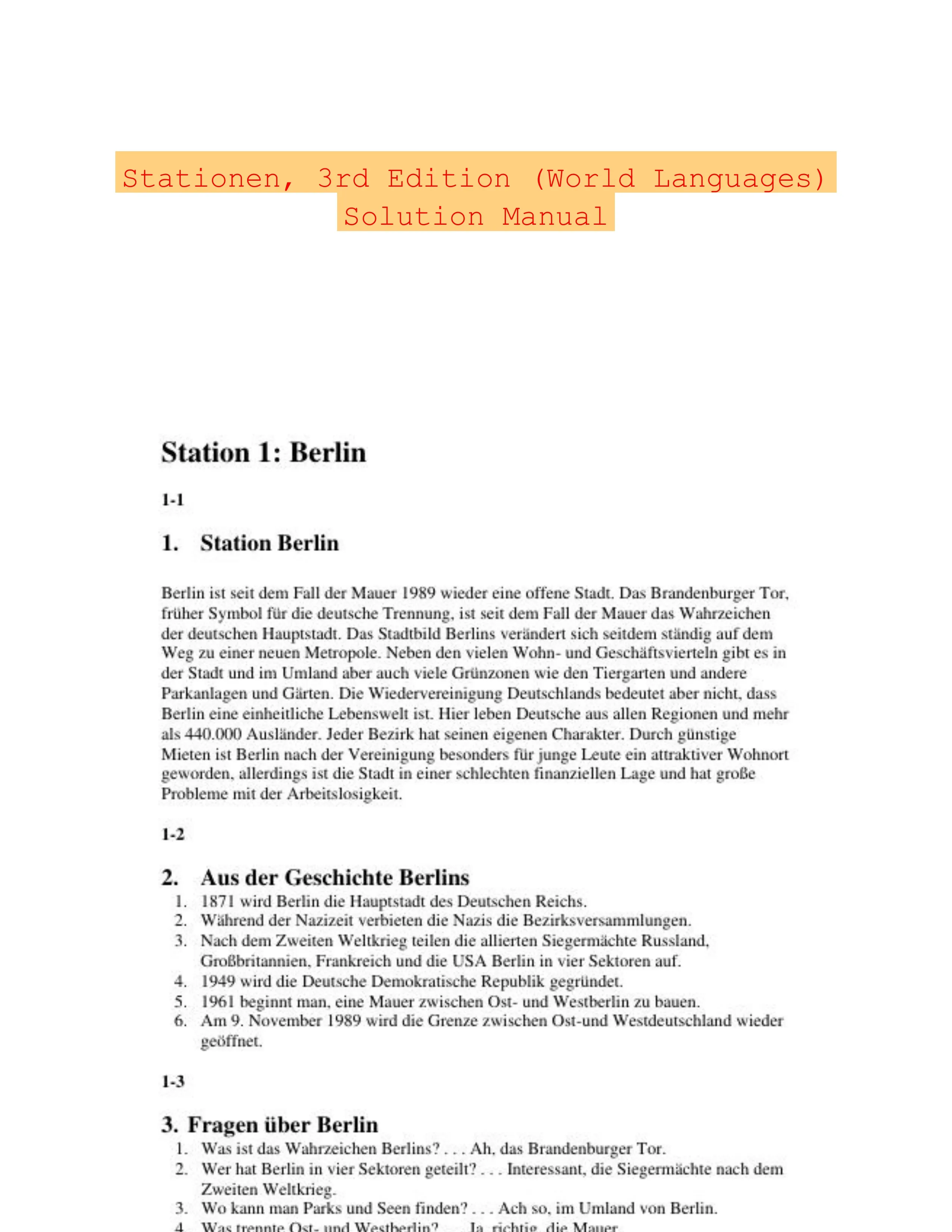 Stationen, 3rd Edition (World Languages) Solution Manual