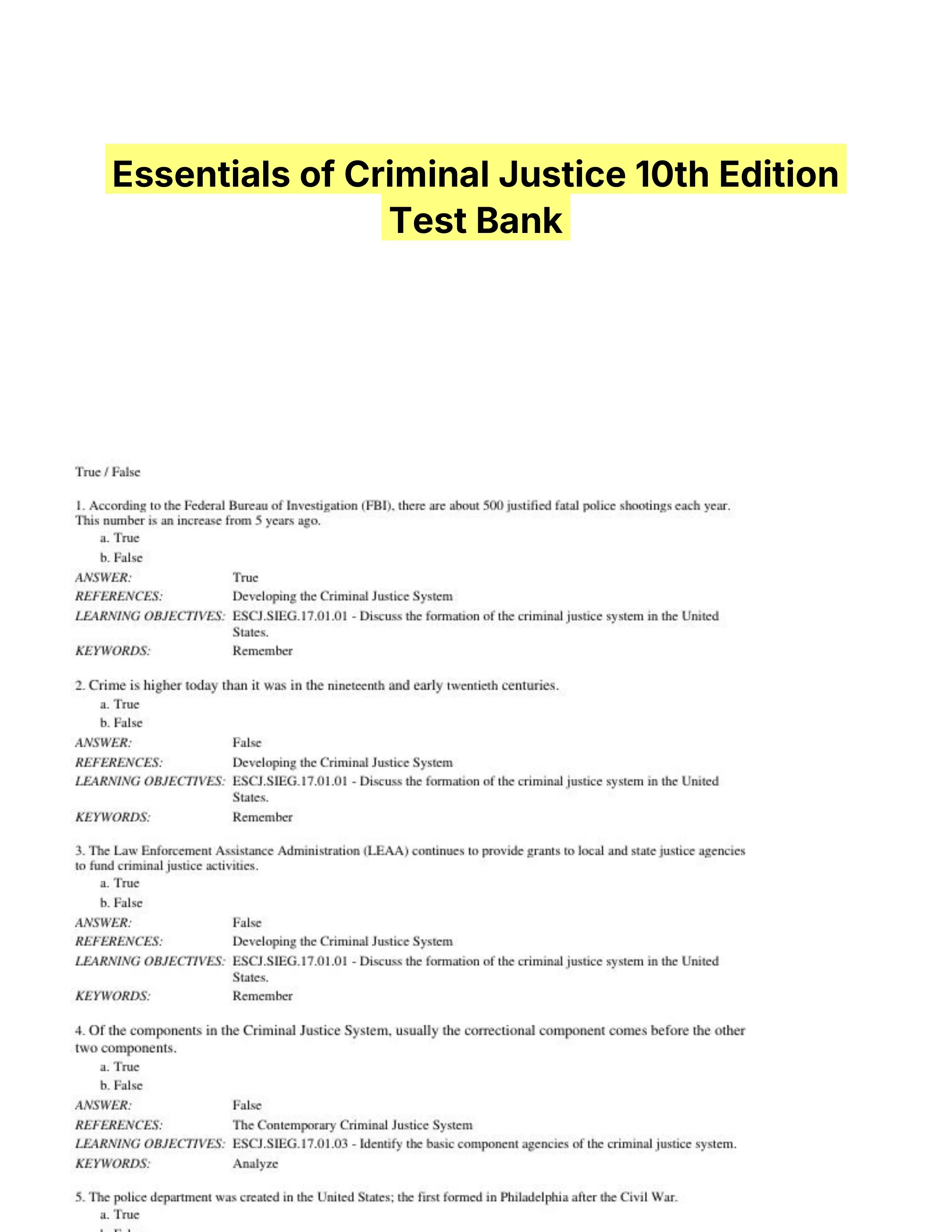 Essentials of Criminal Justice 10th Edition Test Bank