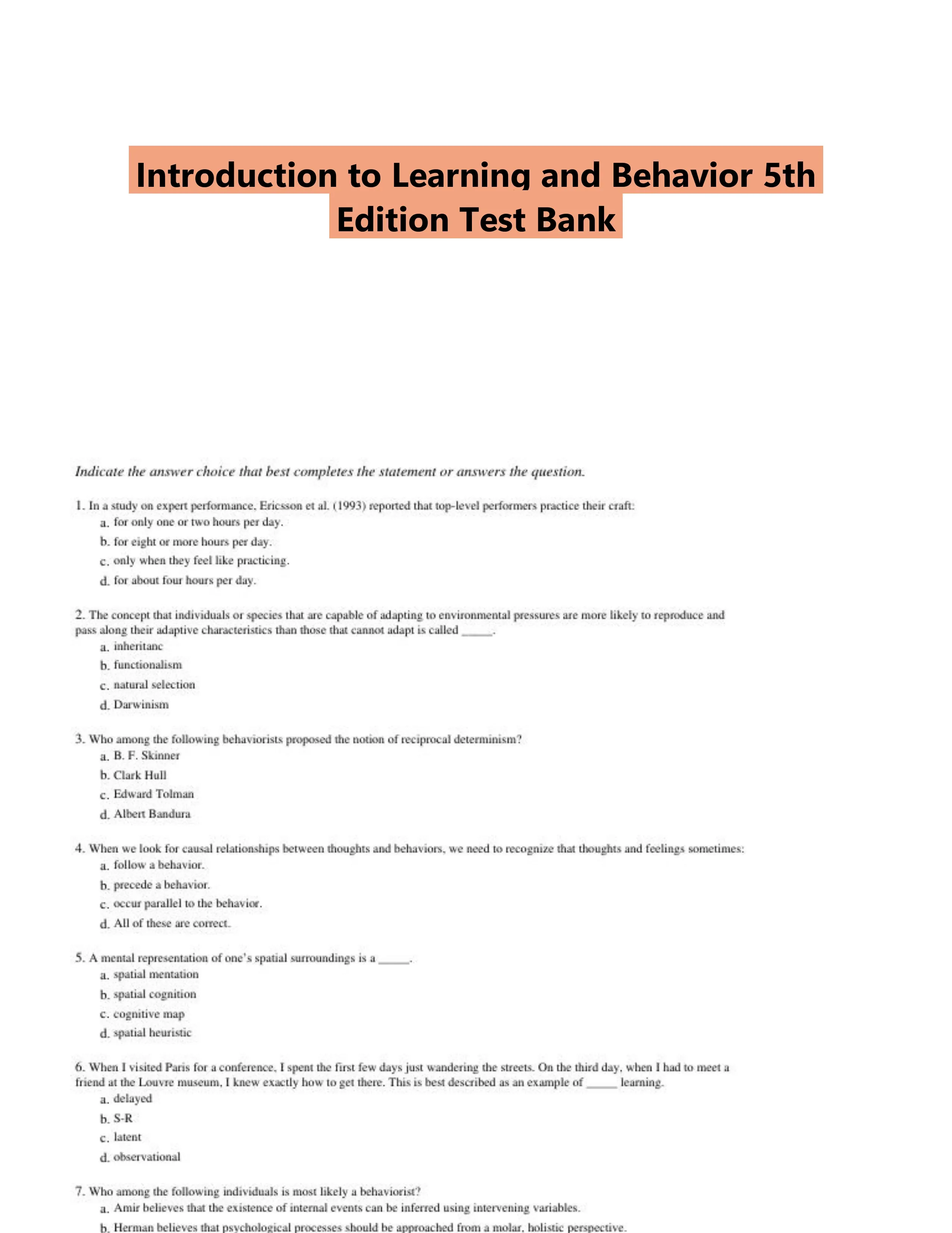 Introduction to Learning and Behavior 5th Edition Test Bank