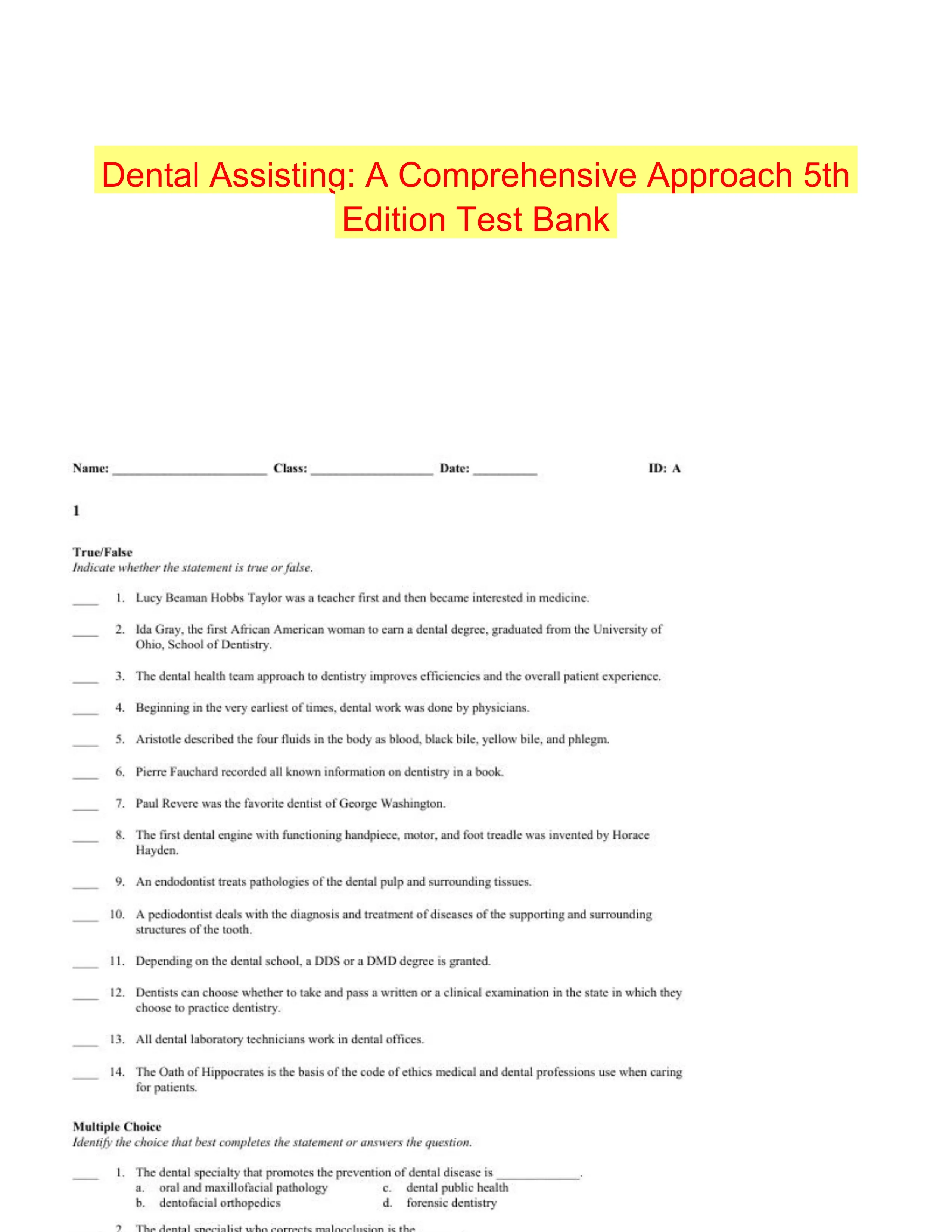 Dental Assisting: A Comprehensive Approach 5th Edition Test Bank