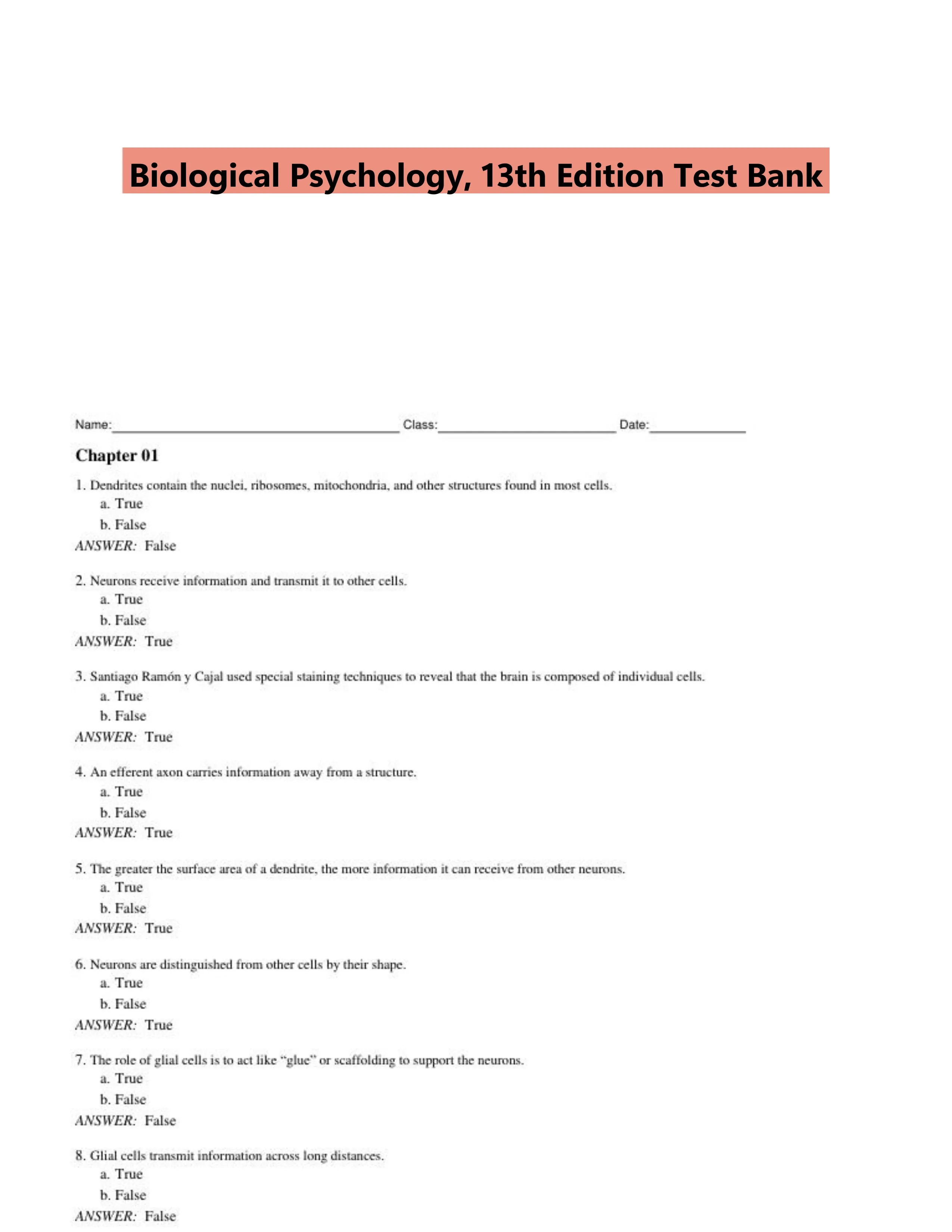 Biological Psychology, 13th Edition Test Bank