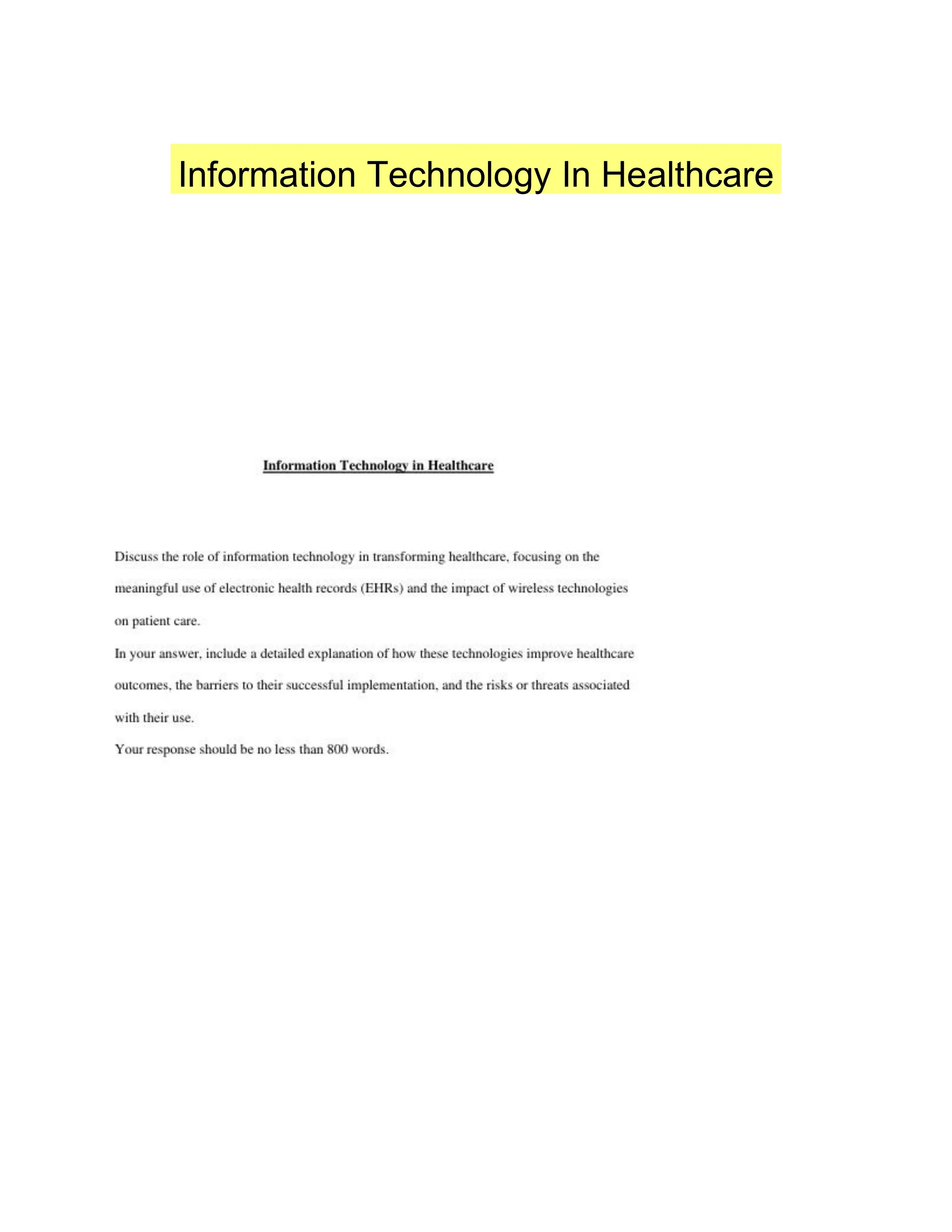Information Technology In Healthcare