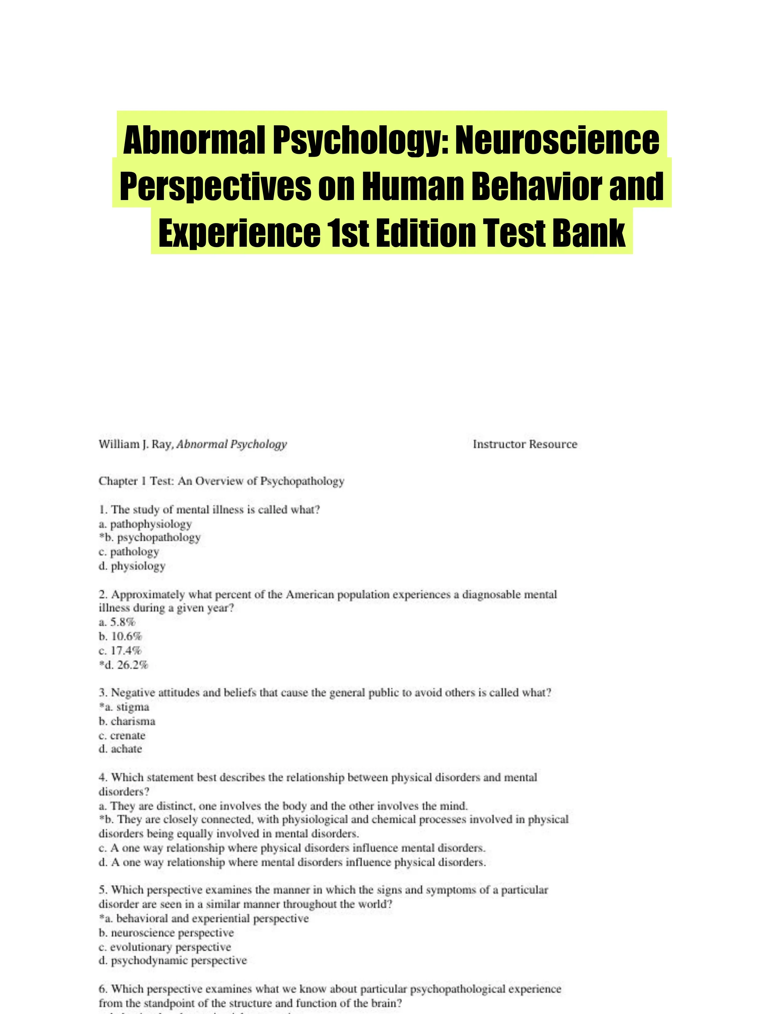 Abnormal Psychology: Neuroscience Perspectives on Human Behavior and Experience 1st Edition Test Bank