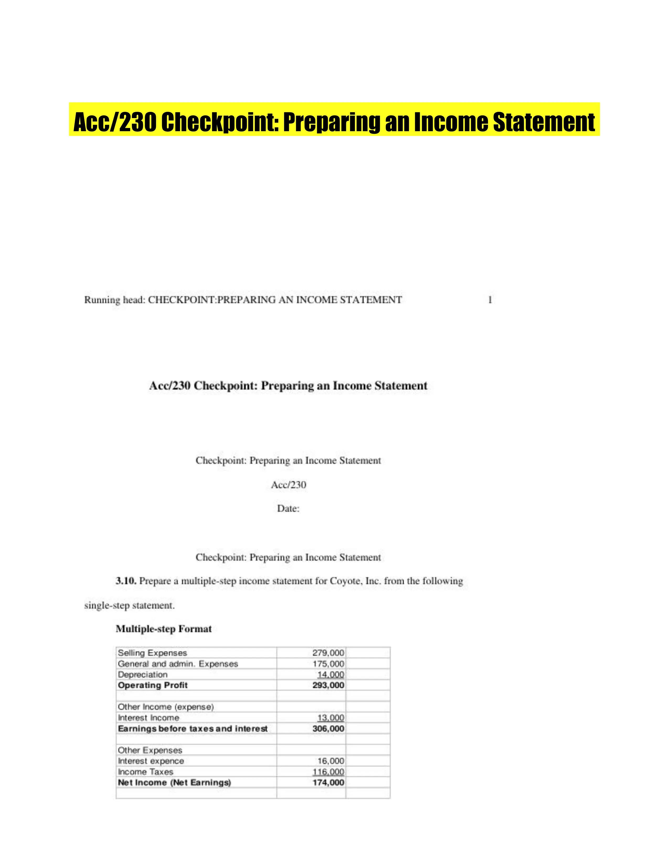 Acc/230 Checkpoint: Preparing an Income Statement