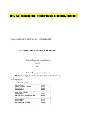 Acc/230 Checkpoint: Preparing an Income Statement