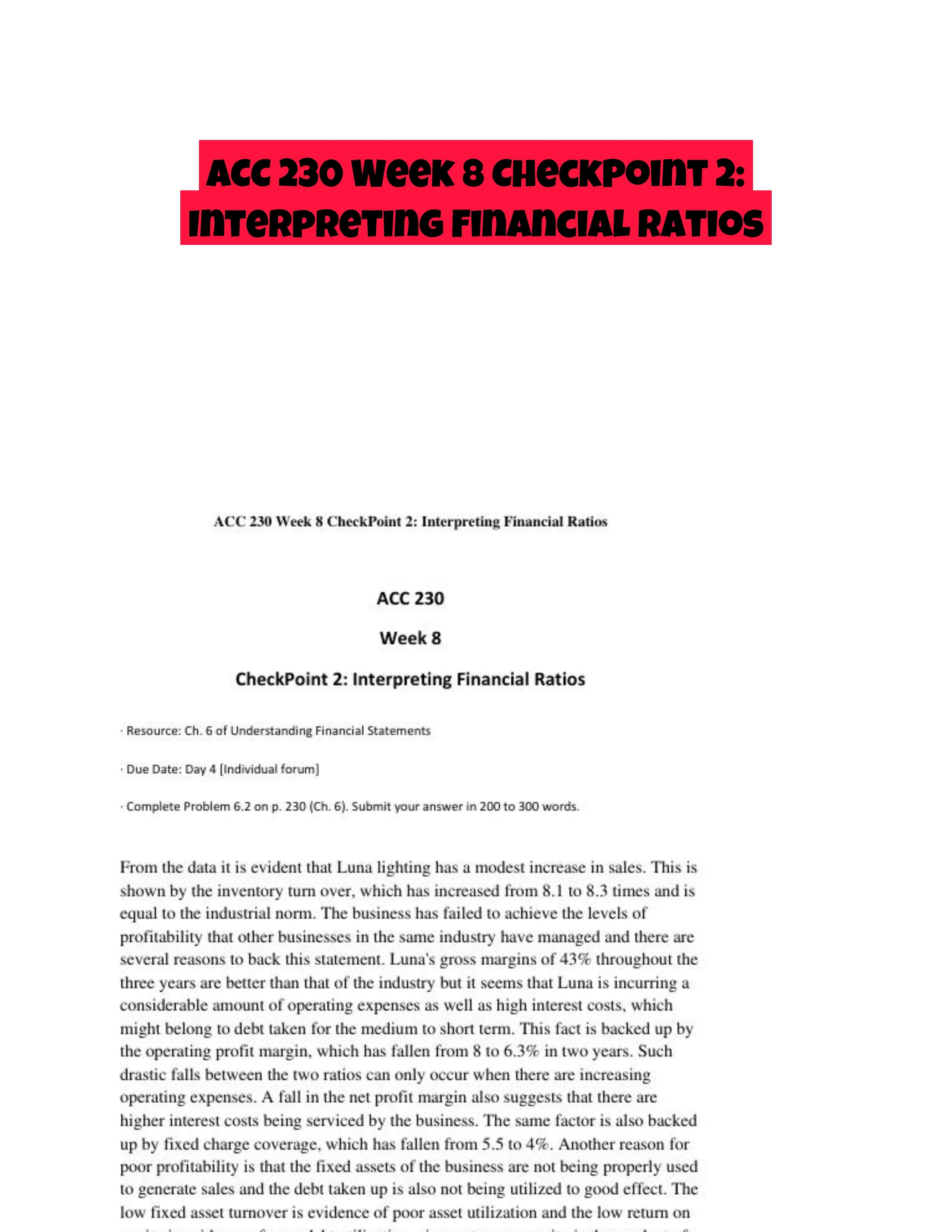 ACC 230 Week 8 CheckPoint 2: Interpreting Financial Ratios