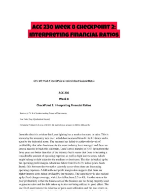 ACC 230 Week 8 CheckPoint 2: Interpreting Financial Ratios