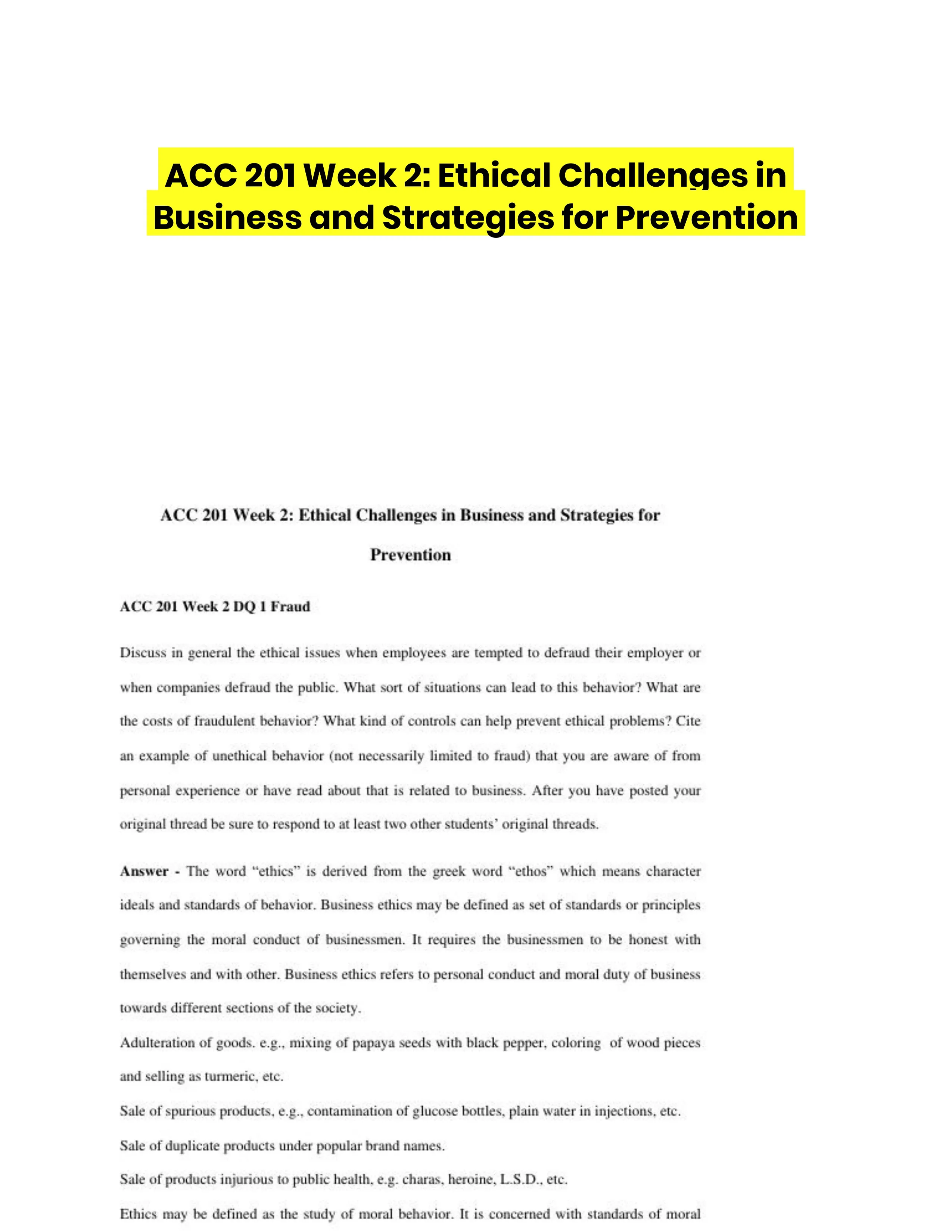 ACC 201 Week 2: Ethical Challenges in Business and Strategies for Prevention