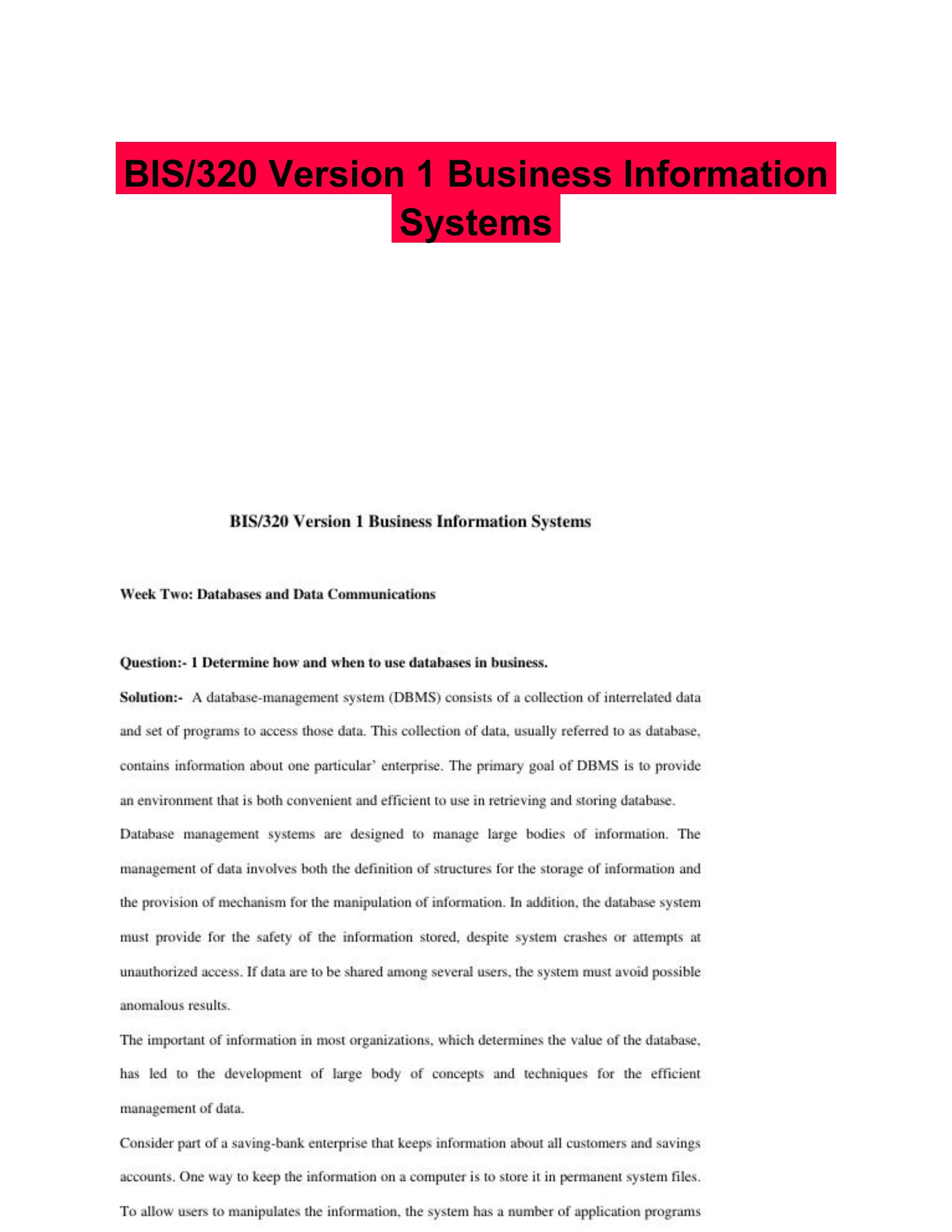 BIS/320 Version 1 Business Information Systems