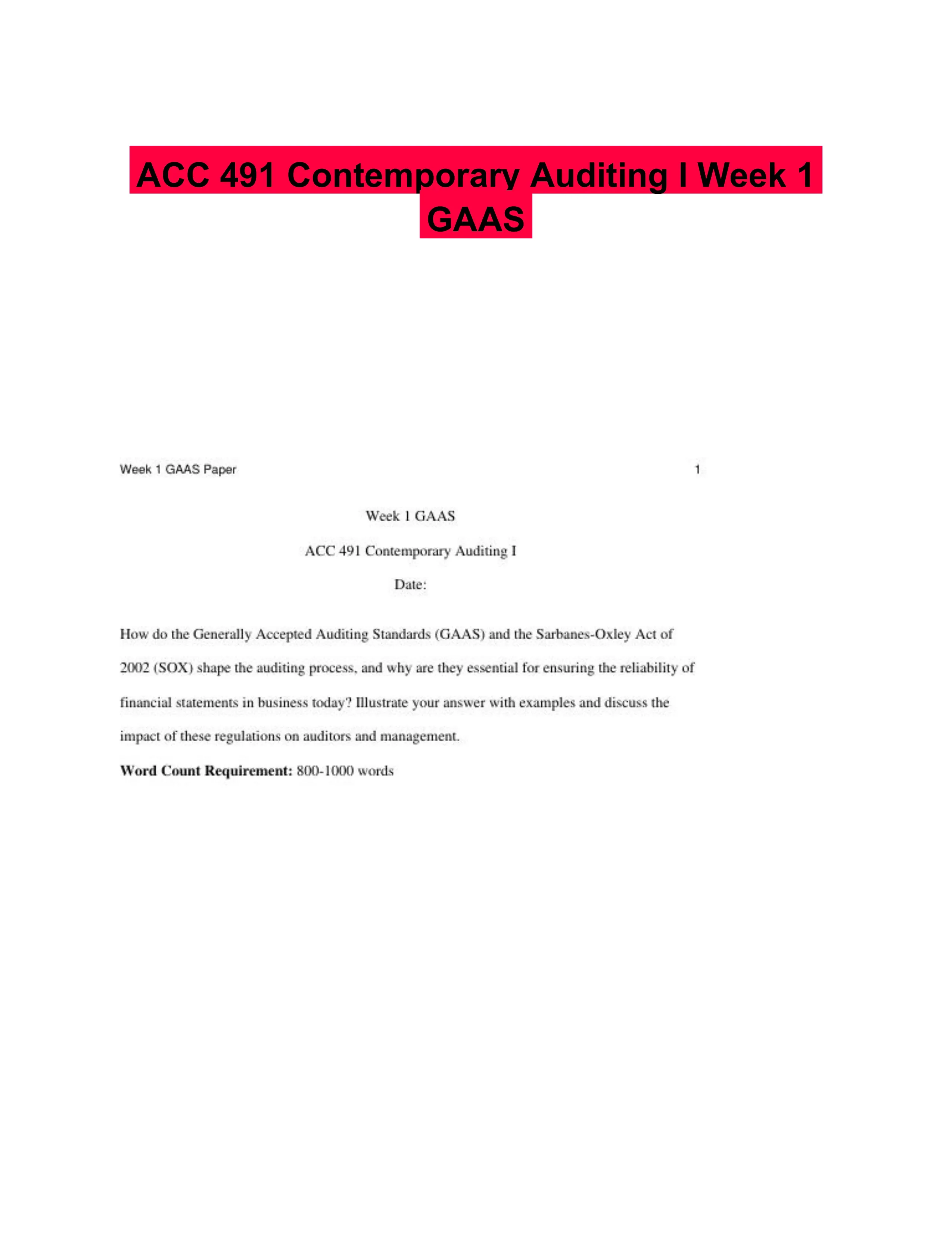 ACC 491 Contemporary Auditing I Week 1 GAAS