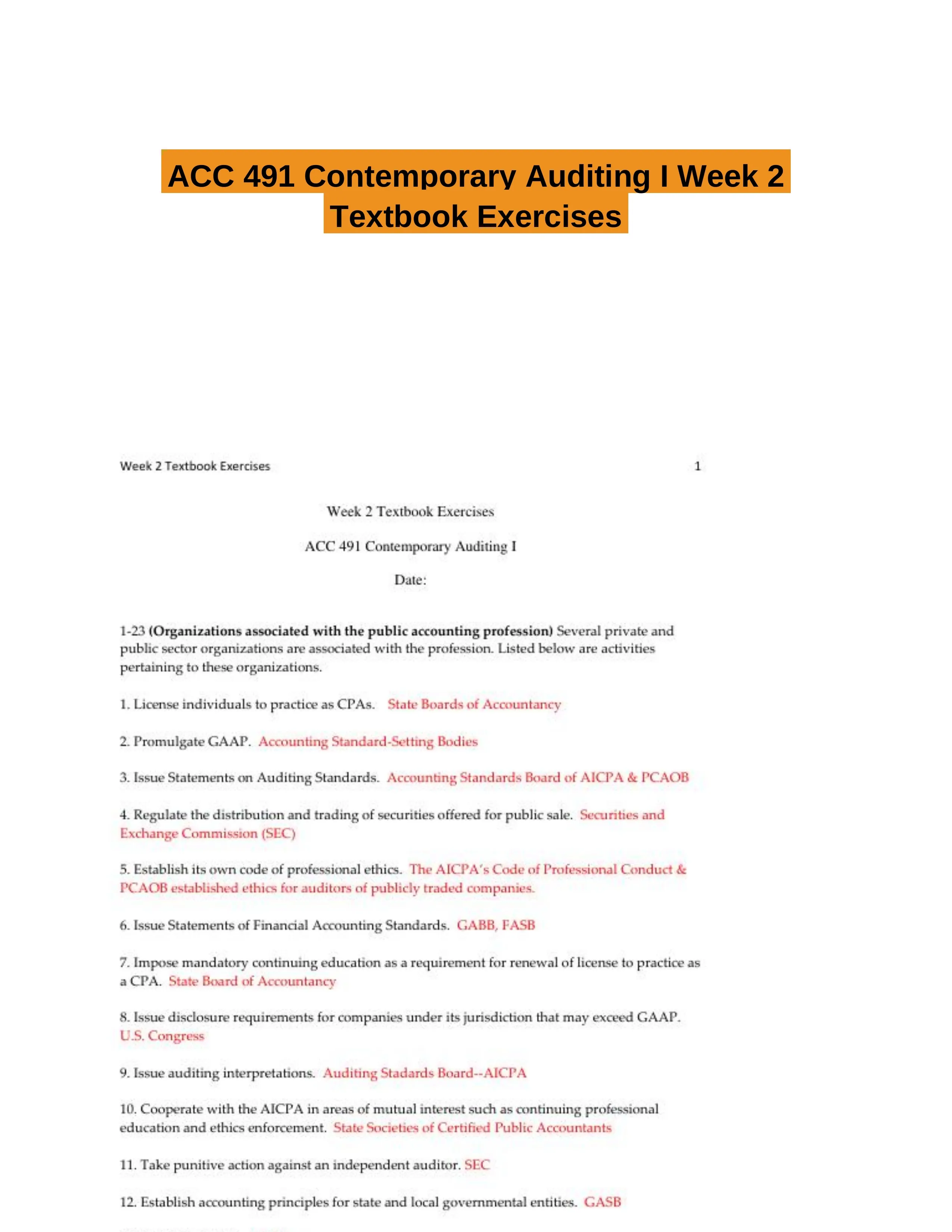 ACC 491 Contemporary Auditing I Week 2 Textbook Exercises