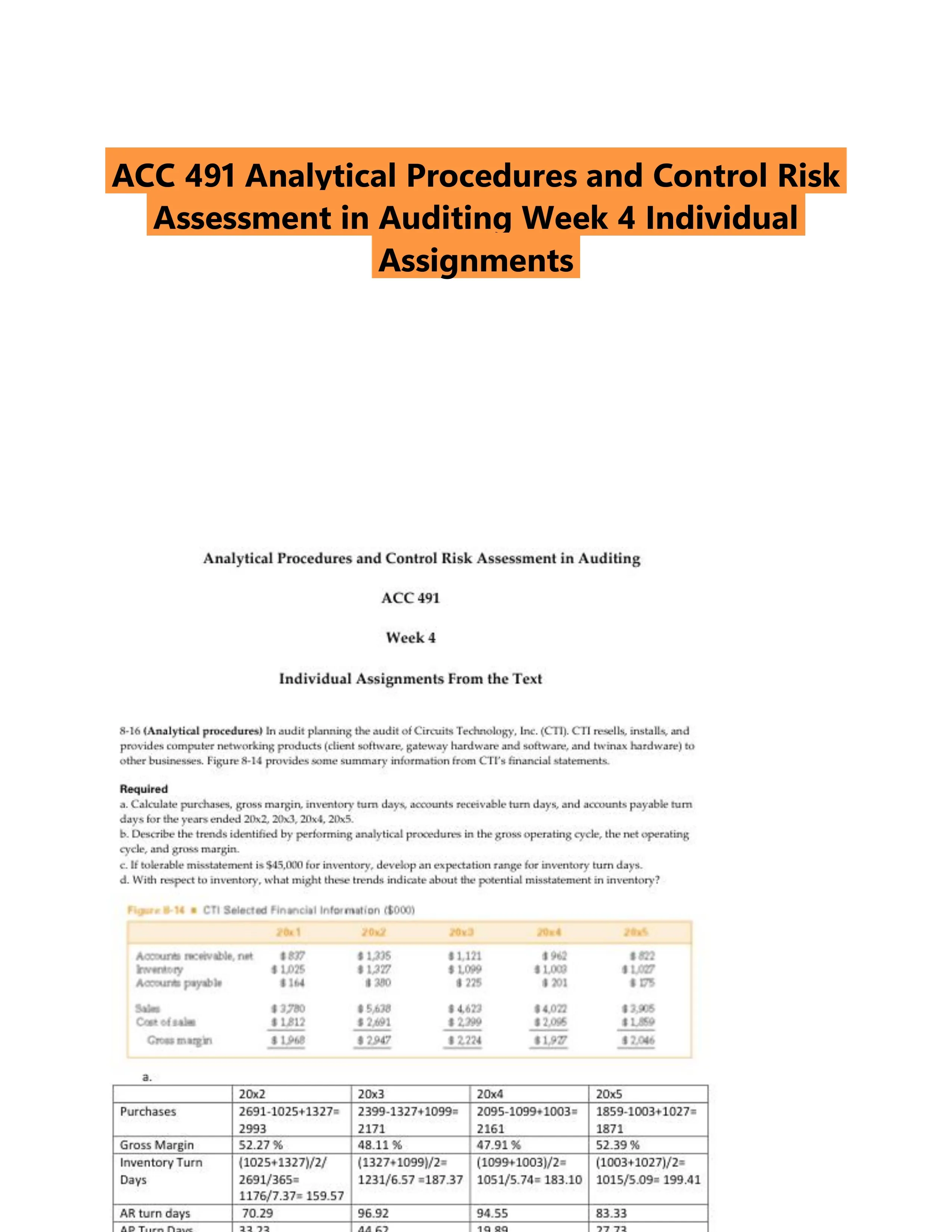 ACC 491 Analytical Procedures and Control Risk Assessment in Auditing Week 4 Individual Assignments