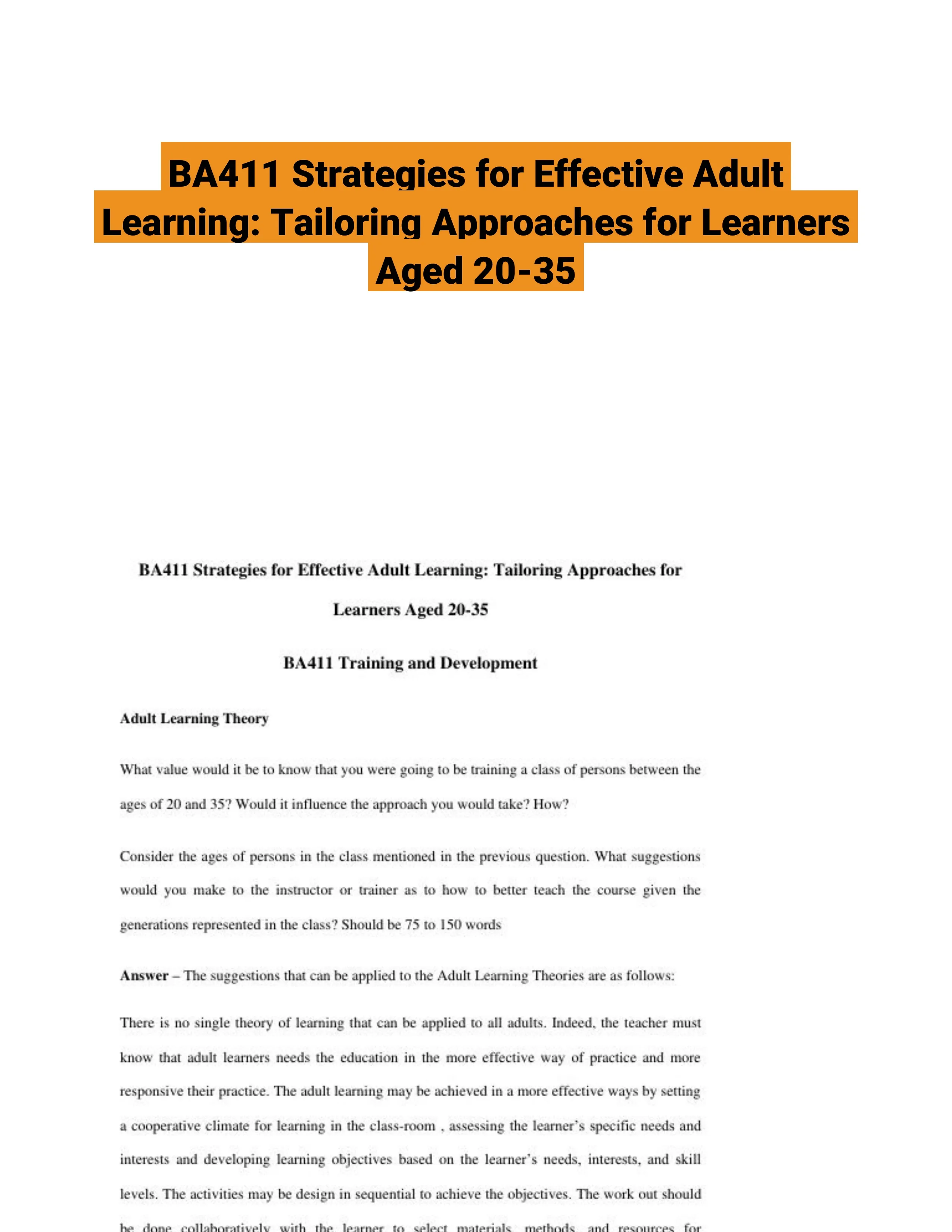 BA411 Strategies for Effective Adult Learning: Tailoring Approaches for Learners Aged 20-35
