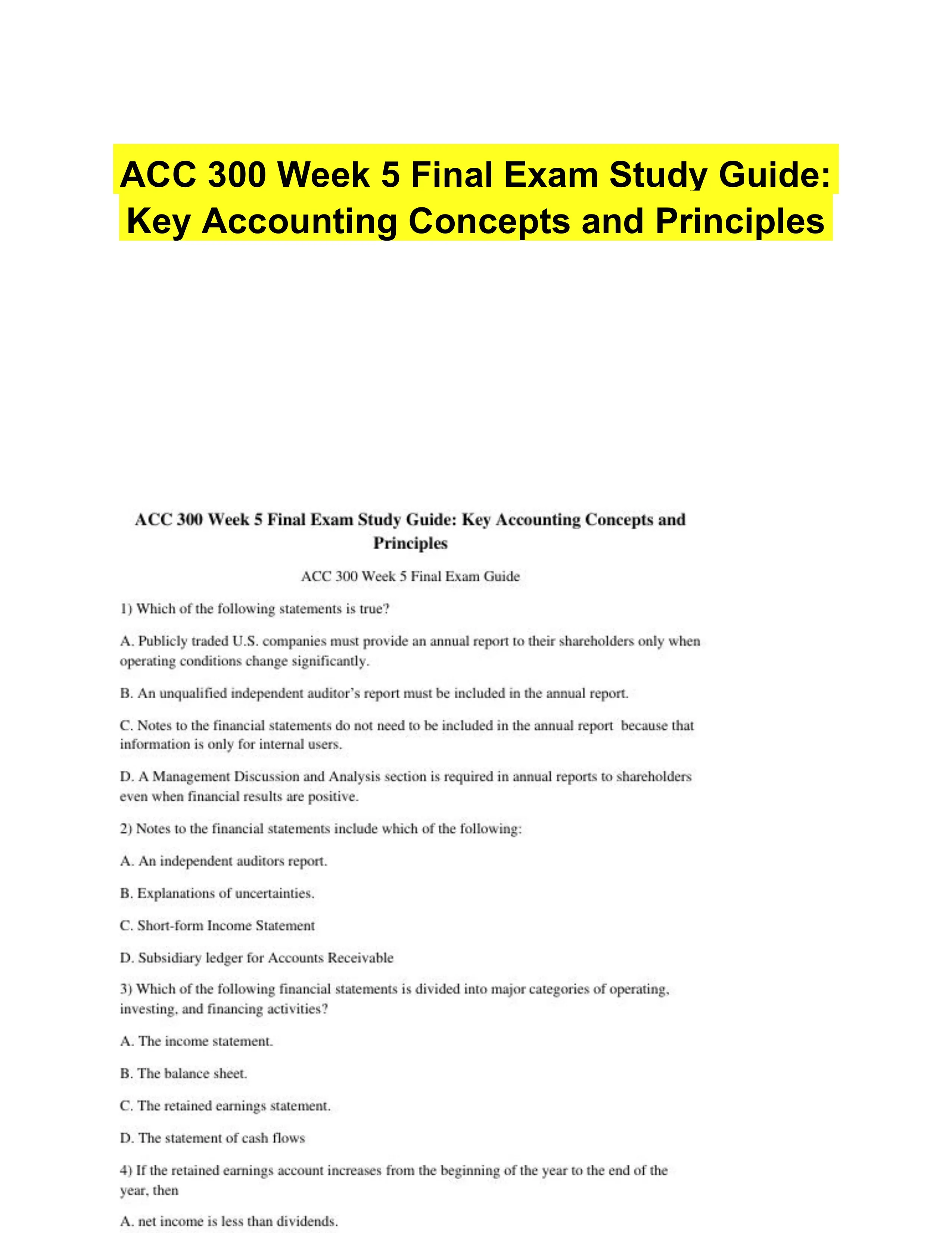 ACC 300 Week 5 Final Exam Study Guide: Key Accounting Concepts and Principles